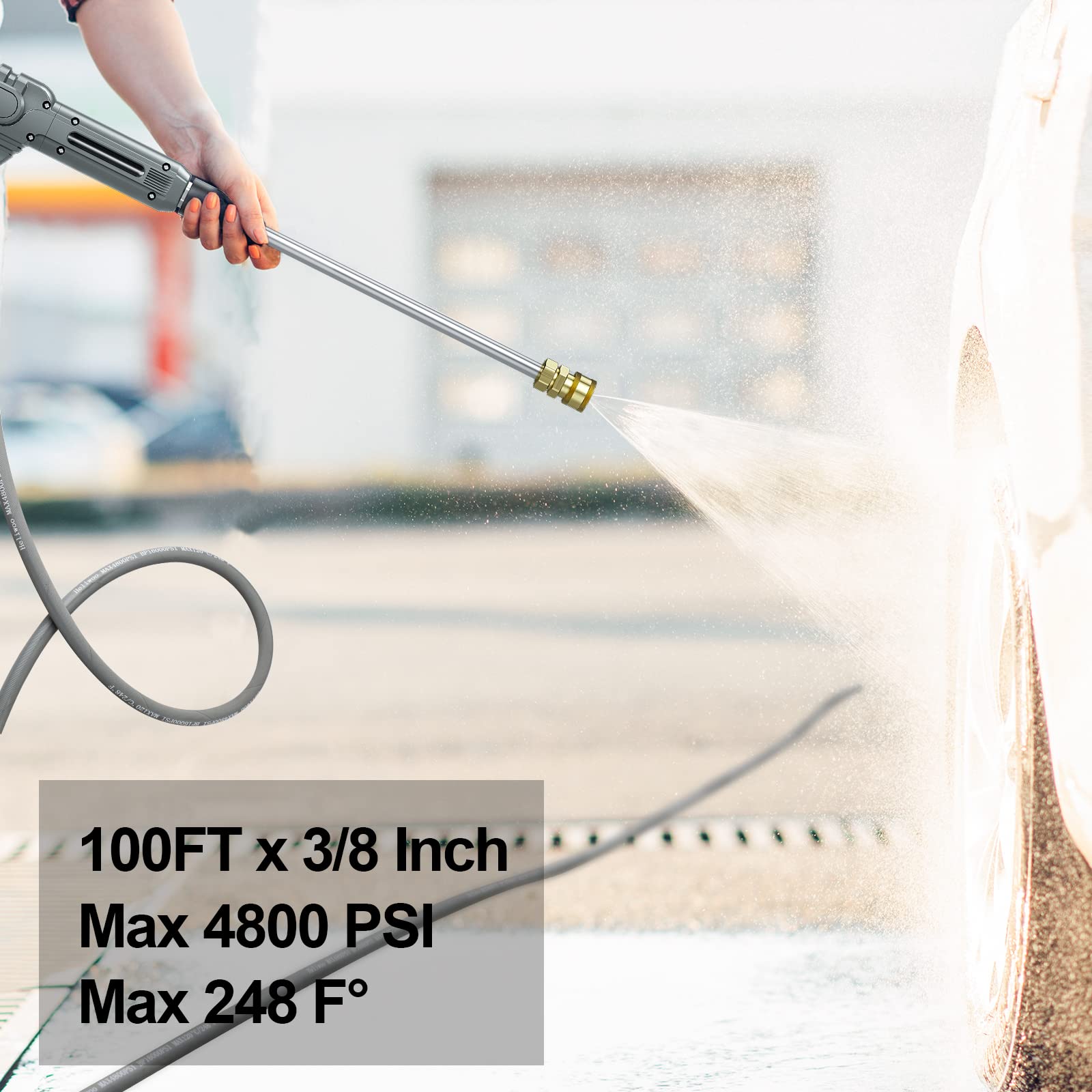 3/8'' High Pressure Washer Hose 50 FT - Heavy Duty Hot & Cold Water Power Washer Hose Up to 248°F & 4800 PSI - Commercial Grade Steel Wire Braided Kink Proof Extension Hose with Quick Connect - Perfect for Car Washing, Driveway Cleaning & Industrial Pressure Washing