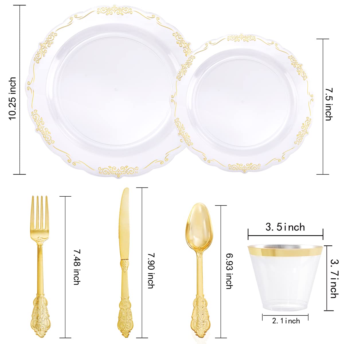 U-QE 175-Piece Gold Plastic Party Dinnerware Set - 25 Dinner Plates, 25 Dessert Plates, 25 Gold Cutlery, 25 9oz Cups & 25 Rolled Napkins - Elegant Disposable Tableware for Wedding, Birthday, Anniversary & Holiday Celebrations