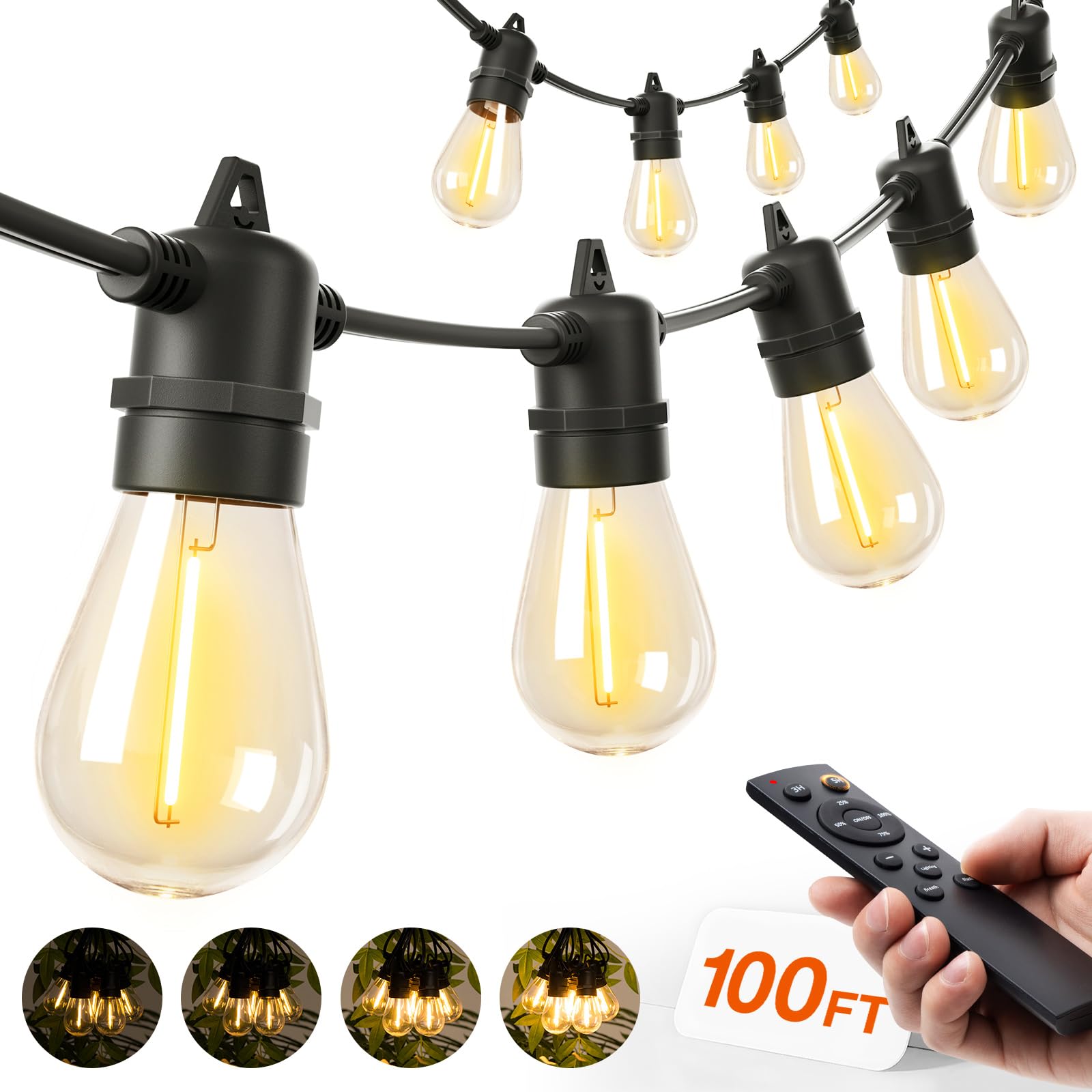 Addlon 100FT LED Outdoor String Lights - Remote Dimmable Patio Lights with Timer & 3 Lighting Modes, 32 Shatterproof Edison Bulbs, Waterproof Connectable for Backyard, Porch, Garden, Wedding, Party Decor