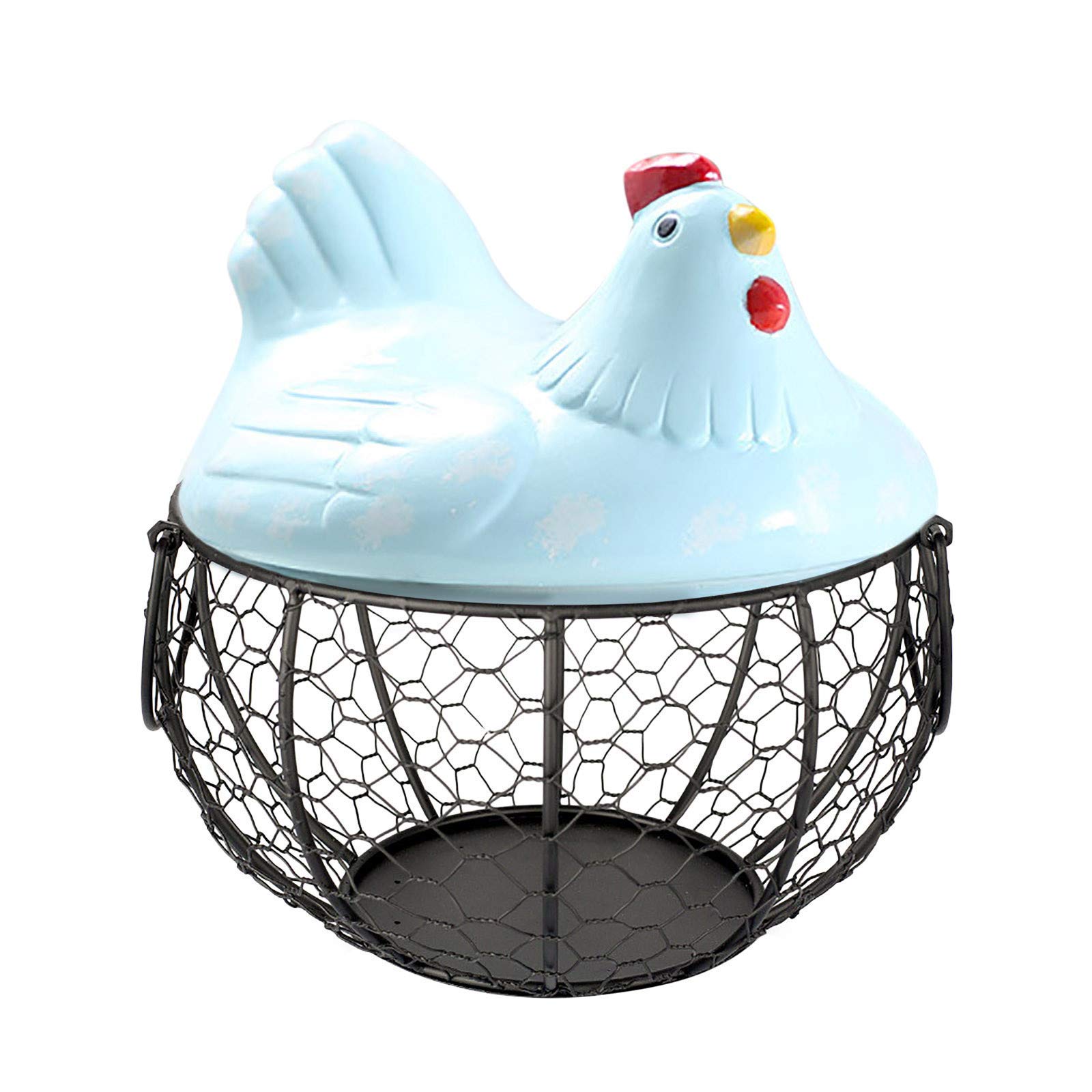Qube Eggs Basket - Ceramic Chicken Lid Iron Egg Storage Basket, Metal Wire Hen Egg Holder for Kitchen, Fruits & Vegetables | Farmhouse Decor, Perfect for Pantry, Countertop & Dining Table Display (Blue)