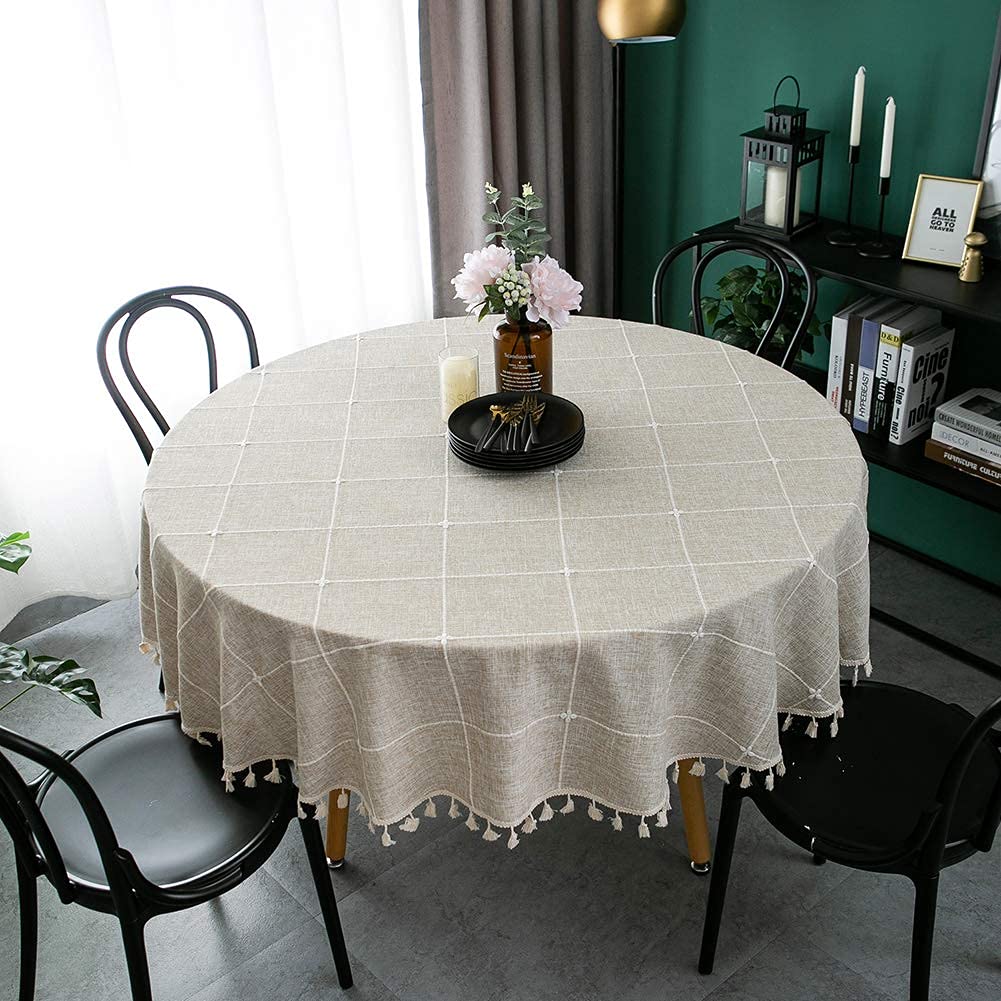 Premium Round Tablecloth 55 Inch - Wrinkle Free & Washable Linen Table Cover for Dining, Parties & Events - Light Brown Fall Decor - Anti-Fading & Durable Tablecloth for Home & Restaurant Use