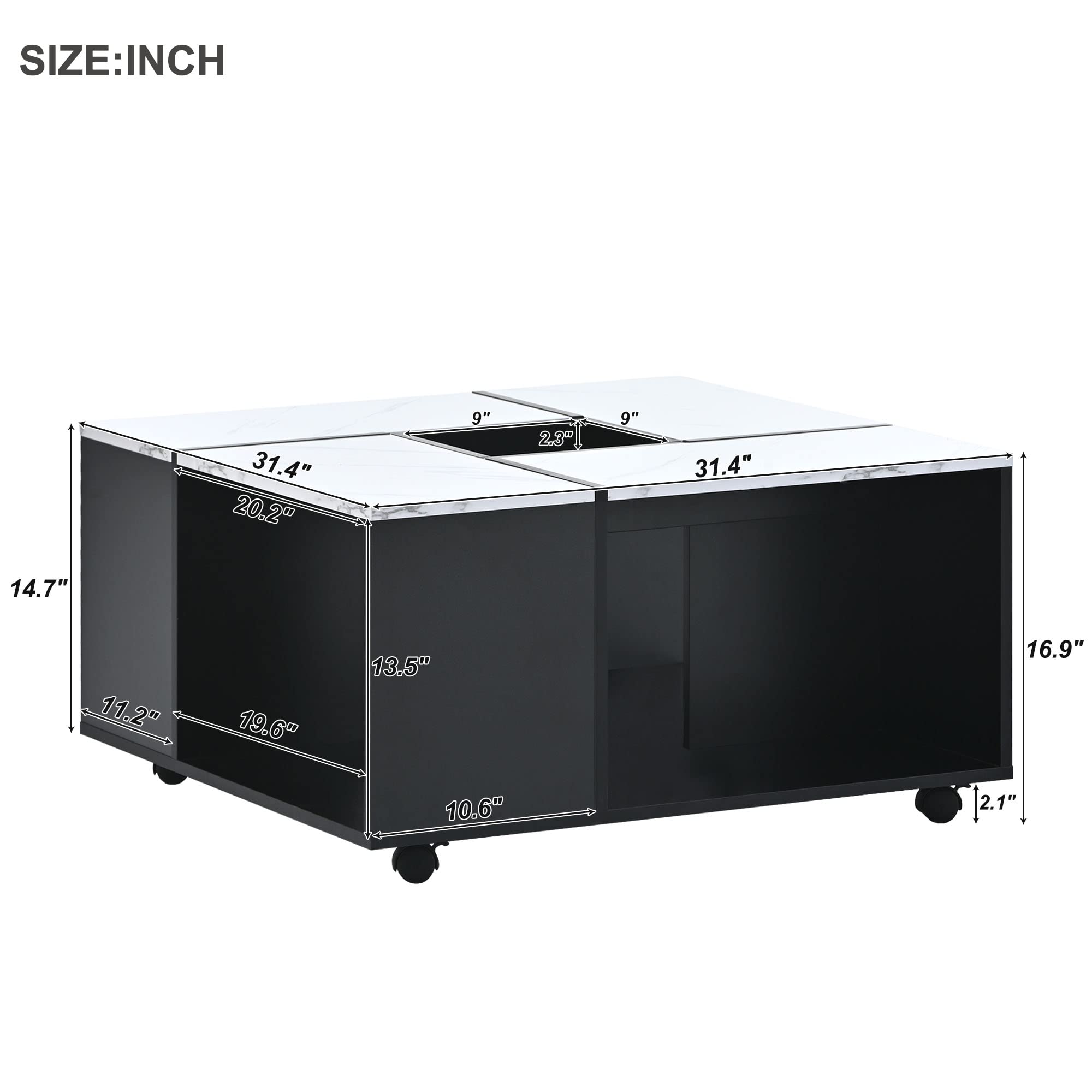 RUNNA Modern 2-Tier UV High-Gloss Marble Coffee Table with Wheels - Square Living Room Center Table with Removable Tray - Corner Accent Table for Small Spaces (White & Black) - Perfect for Apartments, Dorms and Cozy Living Rooms