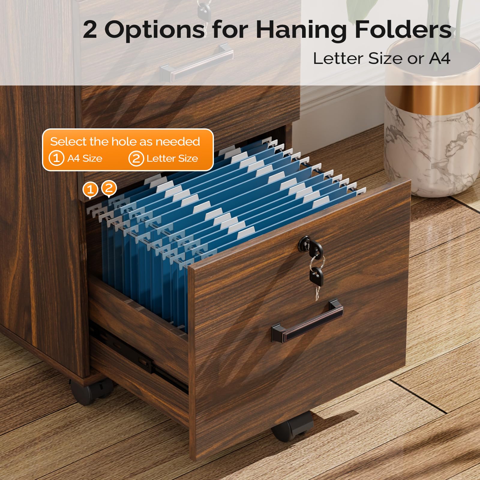 VINGLI 2-Drawer Locking File Cabinet, Dark Brown Wood Letter Size File Organizer with Tabs - Mobile Rolling Storage for Home Office, Under Desk Filing Cabinet & Printer Stand - Perfect for Document Organization and Workspace Storage