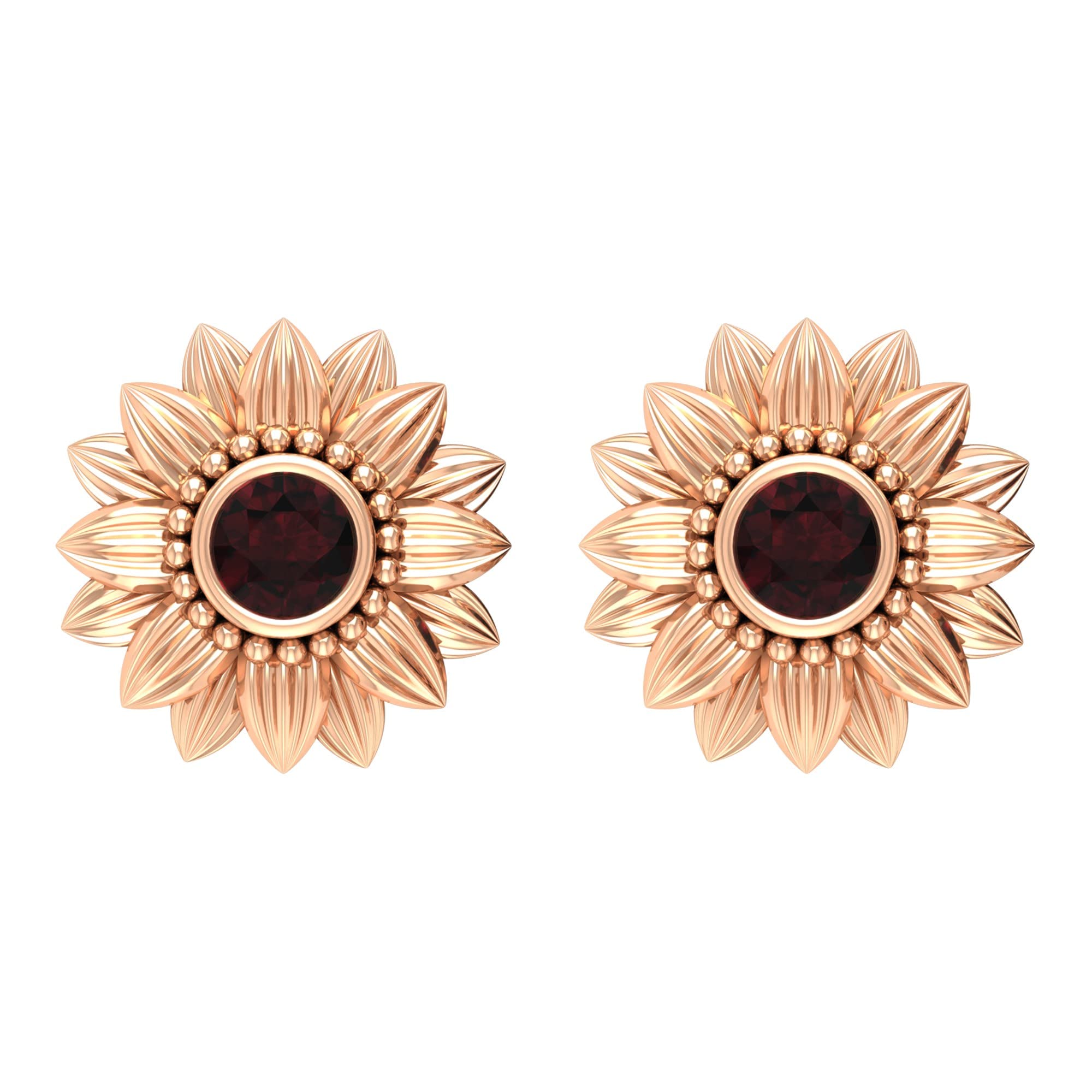 0.25 CT Garnet Floral Stud Earrings for Women - 14K Solid Gold Bezel Set January Birthstone Earrings with Secure Screw Back - Perfect for Gifts, Weddings & Everyday Elegance