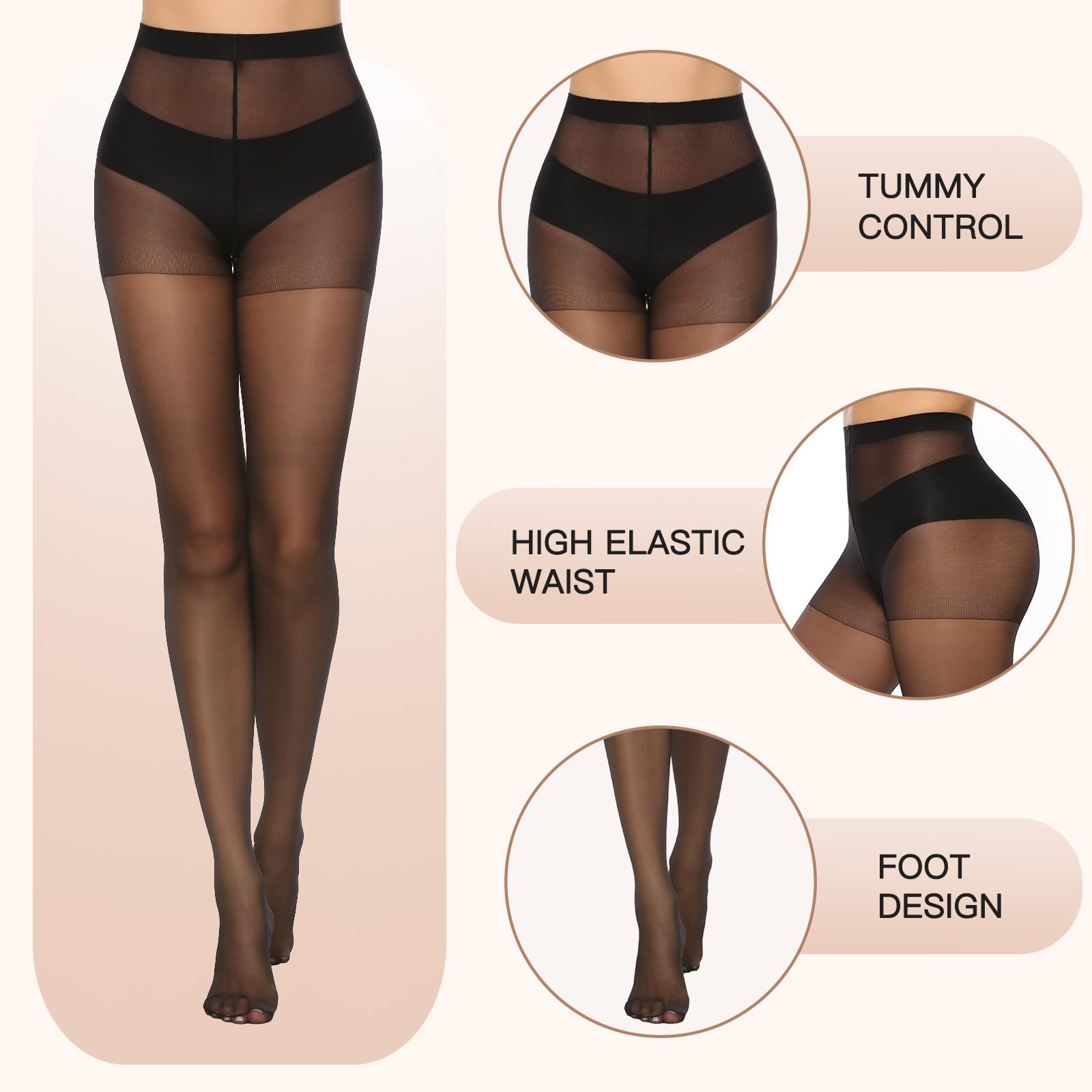 MANZI 6 Pairs 20D Women's Ultra Thin Sheer Tights - High Waist Pantyhose & Thigh Stockings for Everyday Wear, Office, Date Night & Special Occasions