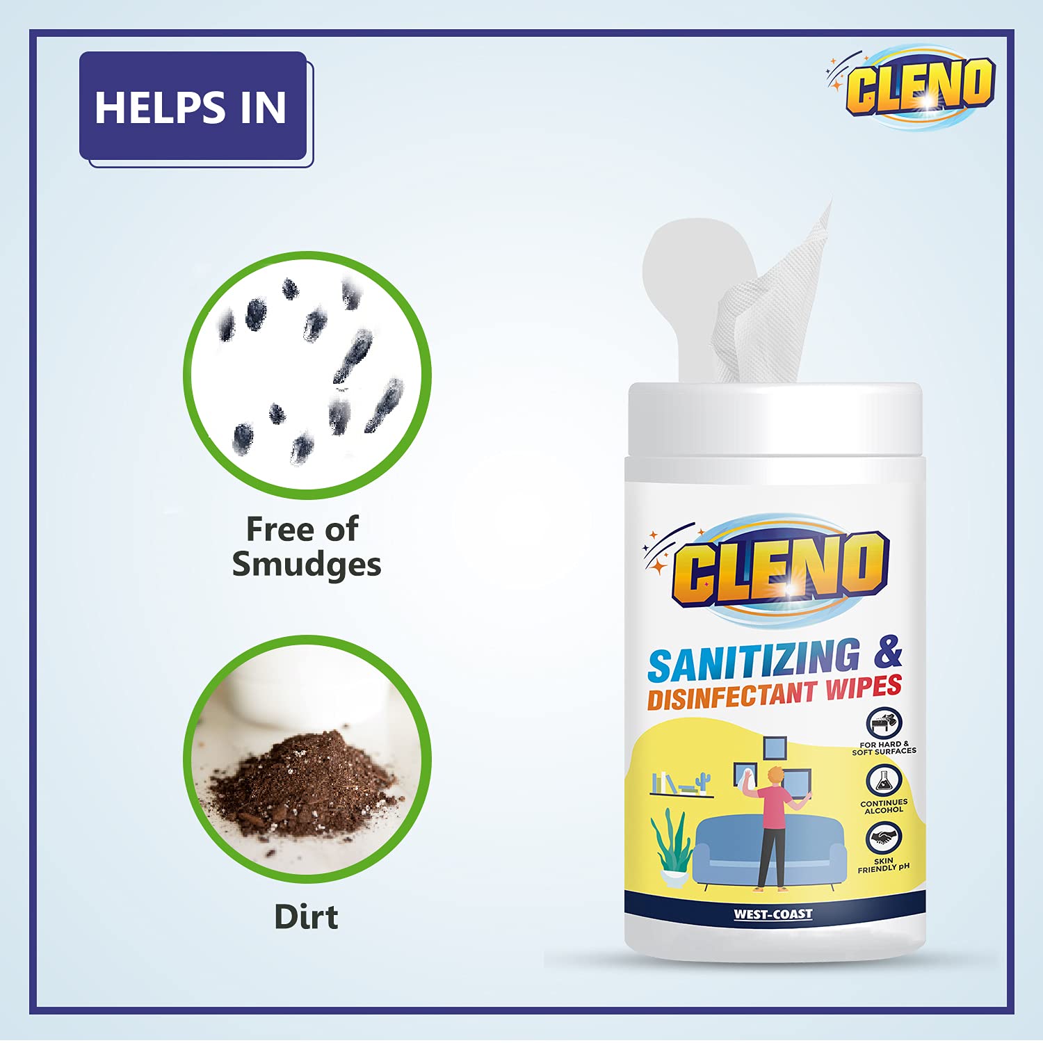 Cleno Lemon Scented Disinfectant Wipes - 50 Count | Ready to Use Sanitizing Wipes for Floors, Furniture, Tables, Chairs & Household Surfaces | Kills Germs & Removes Stains | Perfect for Kitchen, Bathroom & Office Cleaning