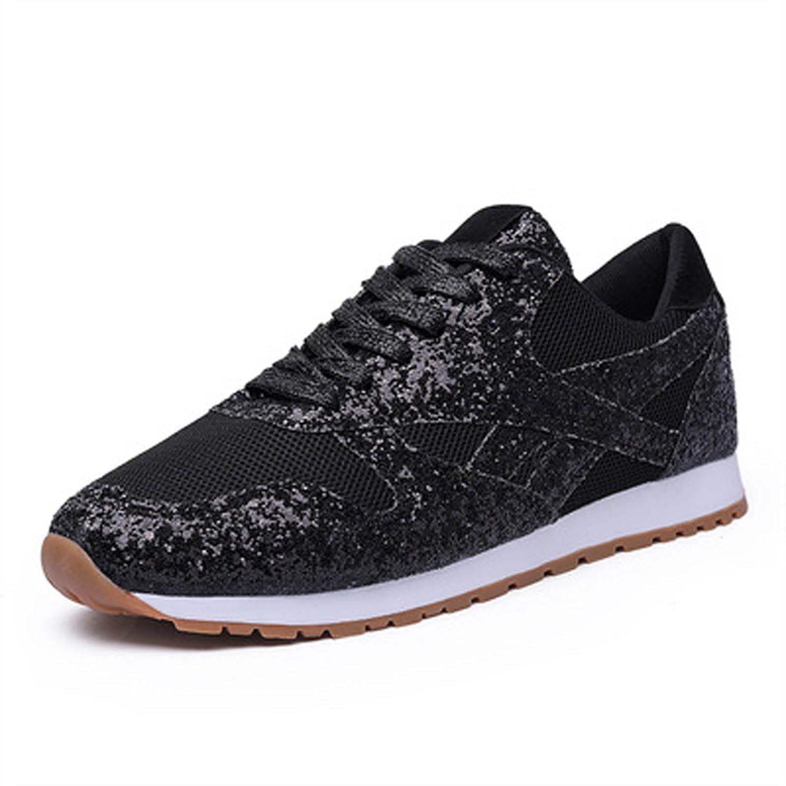Women's Shiny Sneakers - Breathable Mesh Platform Sports Shoes with Sequins & Solid Color Design - Perfect for Running, Gym & Casual Wear