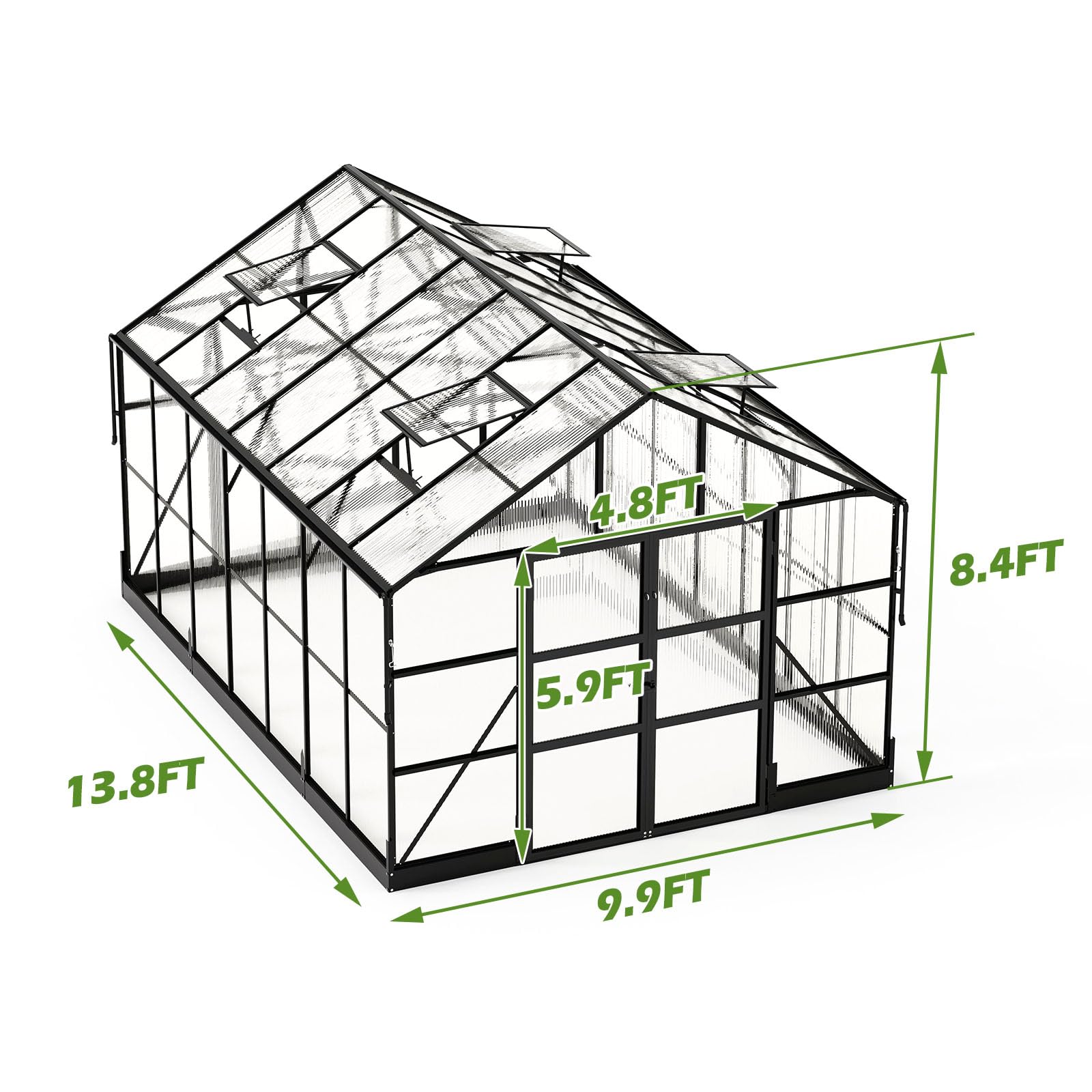 AMERLIFE 10x14x8.4 FT Polycarbonate Greenhouse Kit with 4 Roof Vents & Rain Gutter - Heavy Duty Aluminum Frame for Outdoor Gardening, Backyard, Patio - Perfect for Growing Vegetables, Flowers & Plants Year-Round