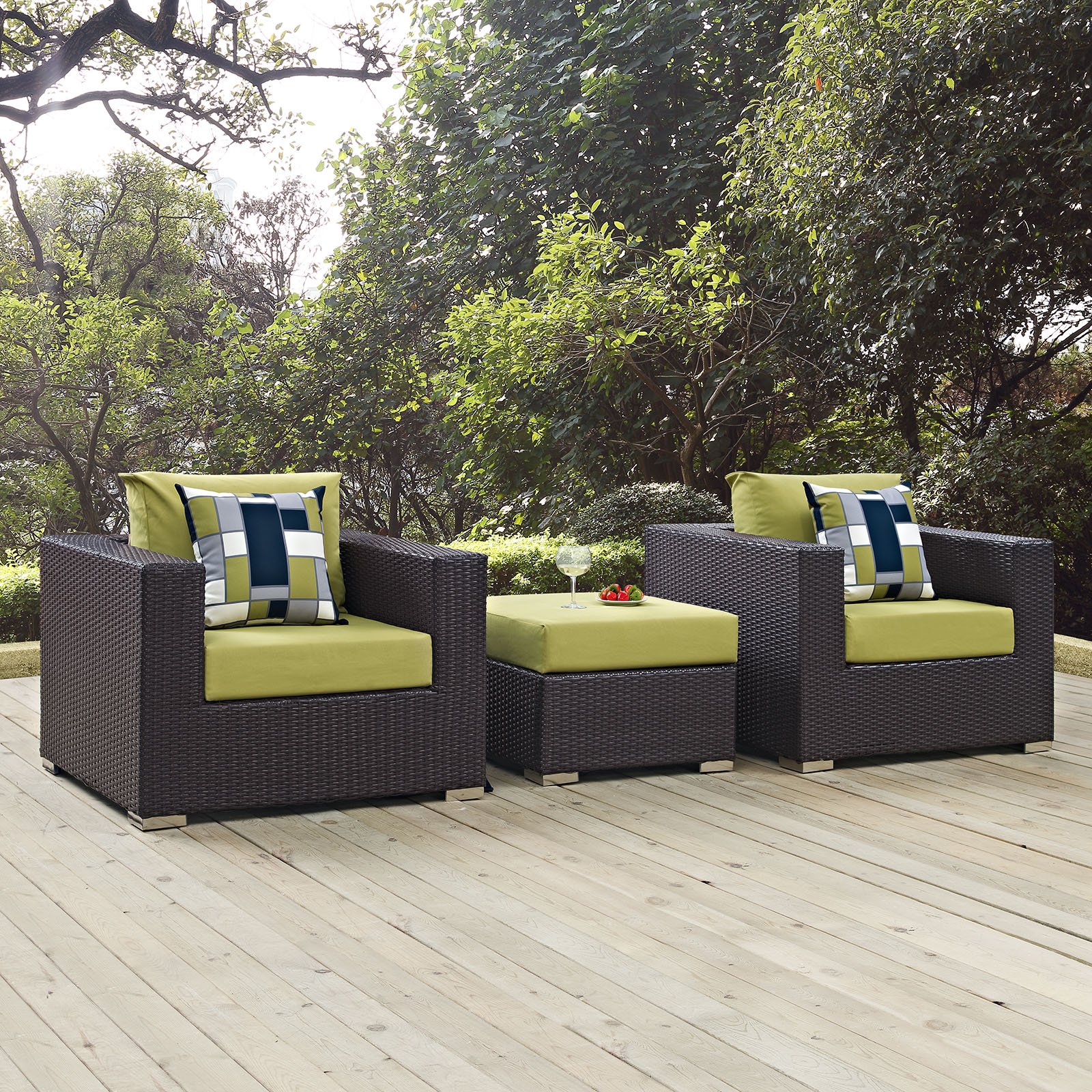 Modway Convene 3-Piece Wicker Rattan Outdoor Patio Furniture Set - Espresso & Peridot Color - Perfect for Garden, Backyard, Poolside or Balcony Relaxation