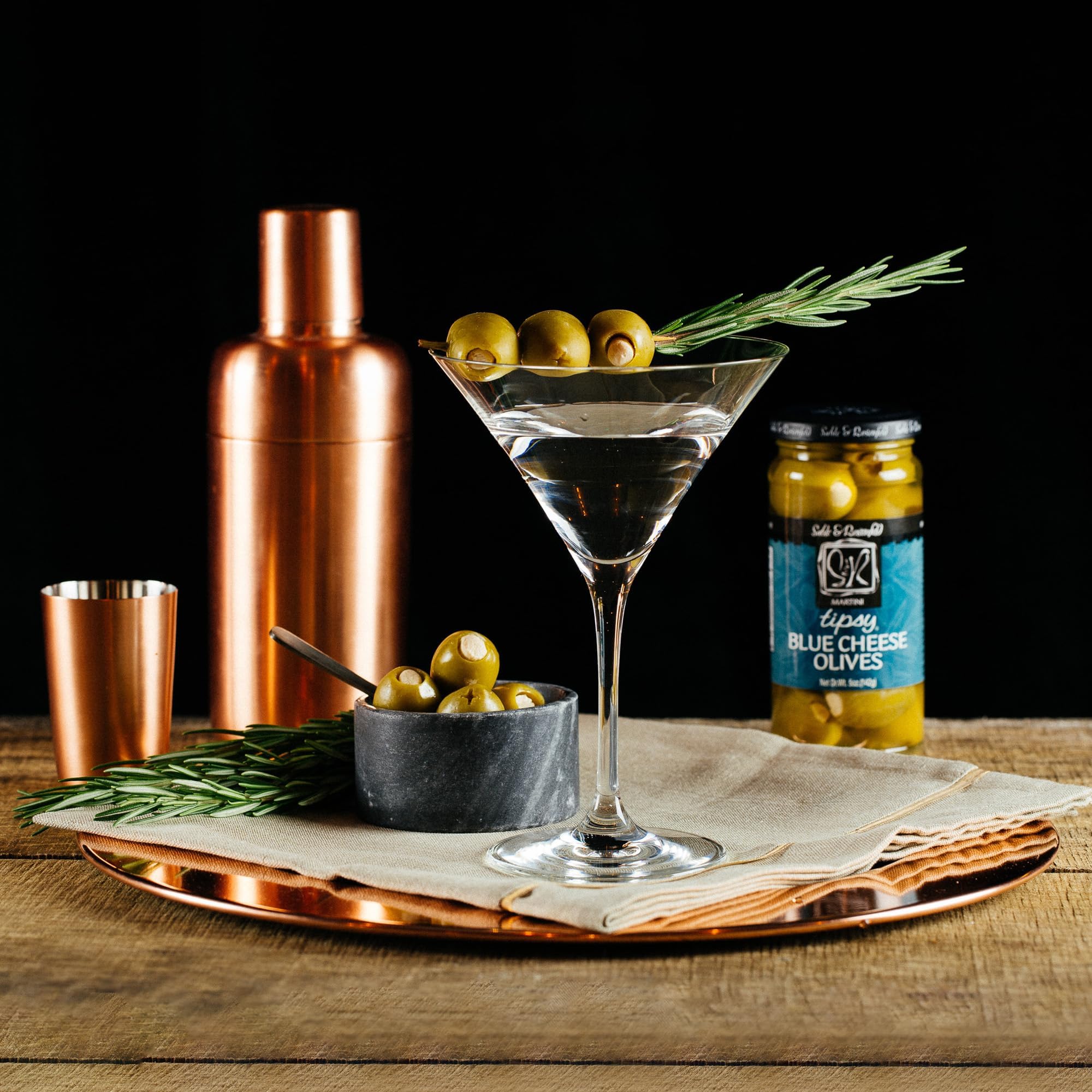 Premium Blue Cheese Stuffed Green Olives - Gourmet Cocktail Olives for Martinis, Bloody Marys & Charcuterie Boards - Sable & Rosenfeld 5 oz (Pack of 6) - Perfect for Home Bars, Parties & Holiday Entertaining