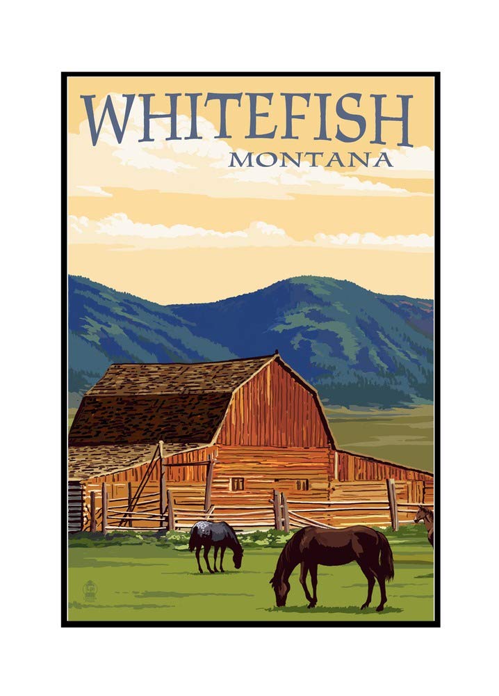 24x36 Framed Gallery Wrapped Canvas Print - Whitefish Montana Landscape with Red Barn & Horses - Western Home Decor for Living Room, Office & Cabin