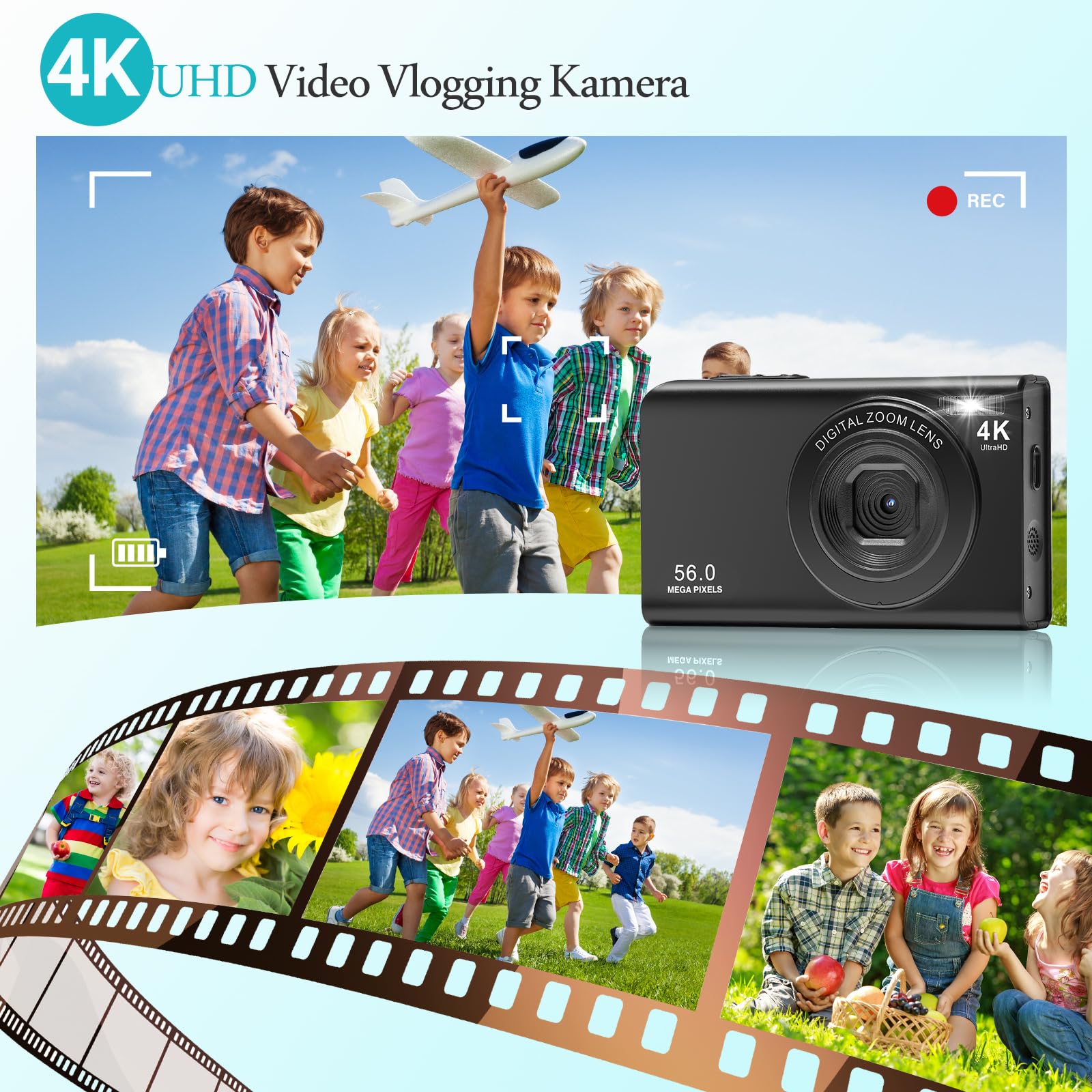 LanteXG 4K 56MP Digital Camera with 16x Zoom & 32GB Memory Card - Compact Point and Shoot Camera for Beginners - Perfect for Travel, Vlogging, and Family Photography (Black)
