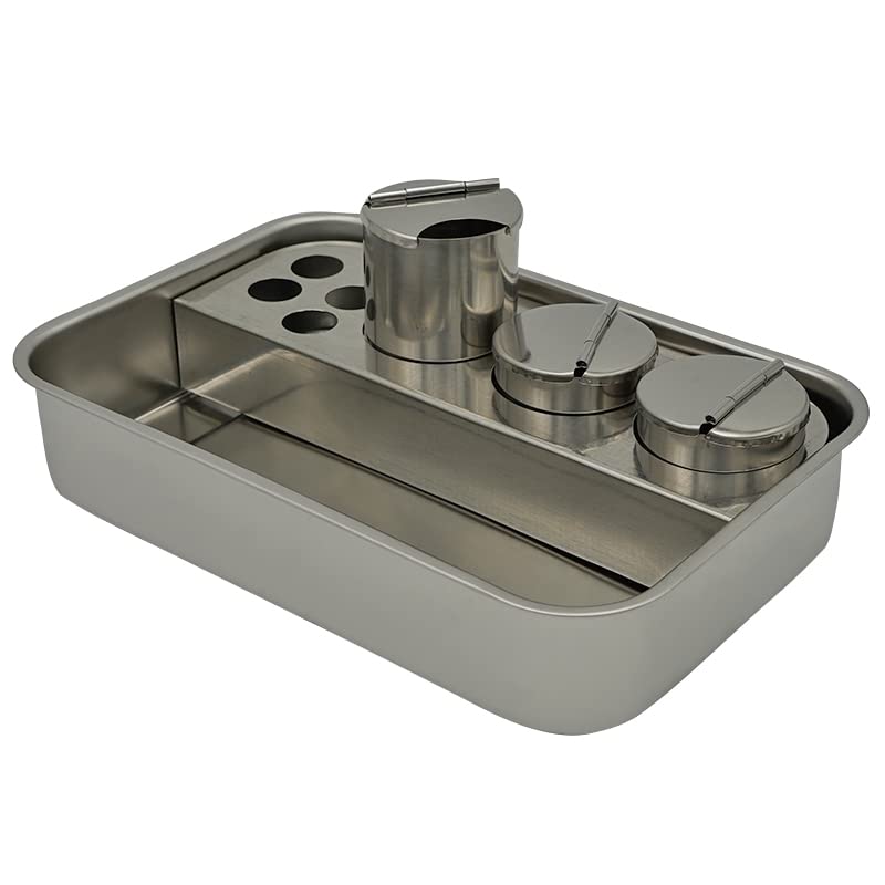 Stainless Steel Dental Tool Tray with 4 Bottles - Dentist Instrument Storage Box for Oral Material Organization - Professional Dental Lab Equipment for Dentists, Clinics & Home Use