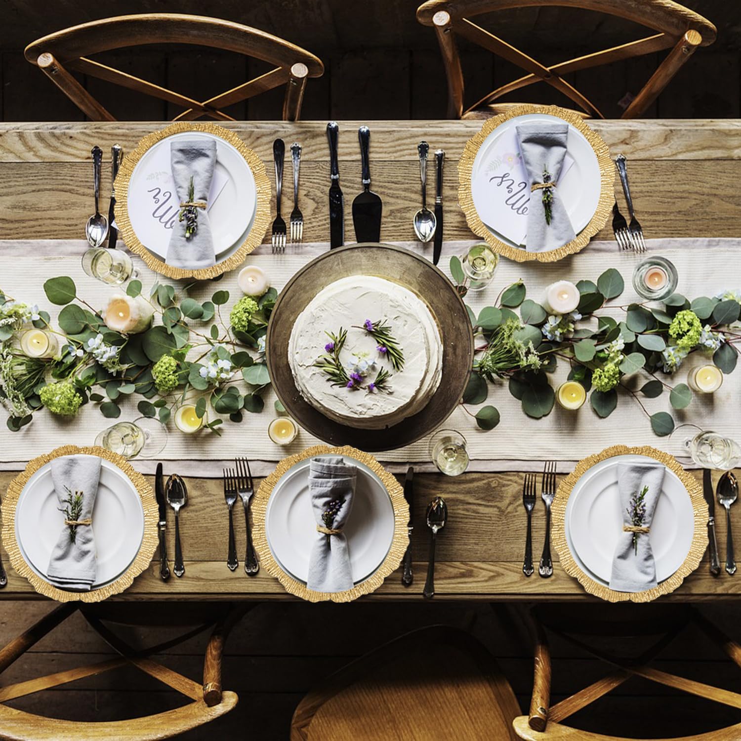 100 Pcs 13 Inch Round Matte Reef Charger Plates with Ruffled Rim & Hollow-Out Flower Napkin Holders - Bulk Dinner Charger Set for Weddings, Parties, and Formal Dining Events
