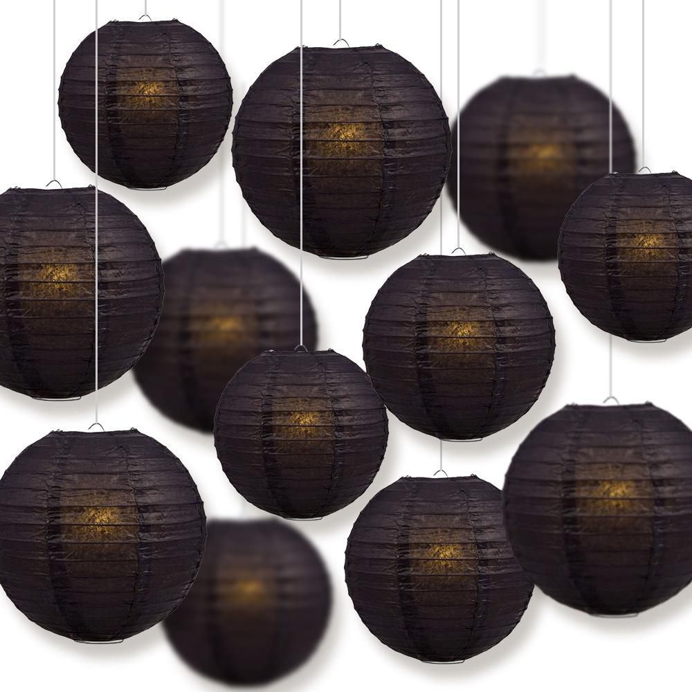 12-Piece Black Paper Lantern Set for Wedding & Party Decorations - 12/10/8 Inch Chinese Hanging Lanterns - Perfect for Indoor/Outdoor Events, Home Decor, and Festive Celebrations