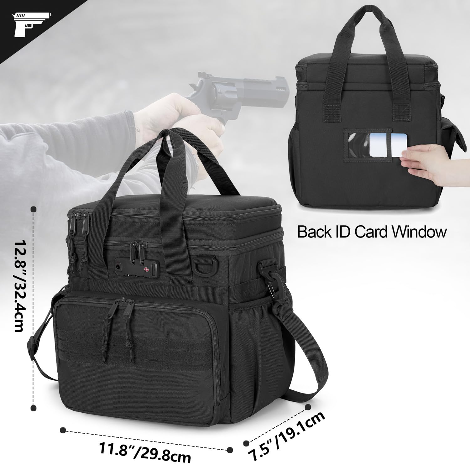 Tactical Gun Range Bag with 3 Pistol Capacity & TSA Lock - Duffle Bag with 2 Pistol Cases & 12 Magazine Slots - Multi-Pocket Shooting Gear Organizer for Hunting, Range Training & Airsoft - Durable Black Range Bag for Firearm Storage & Transport