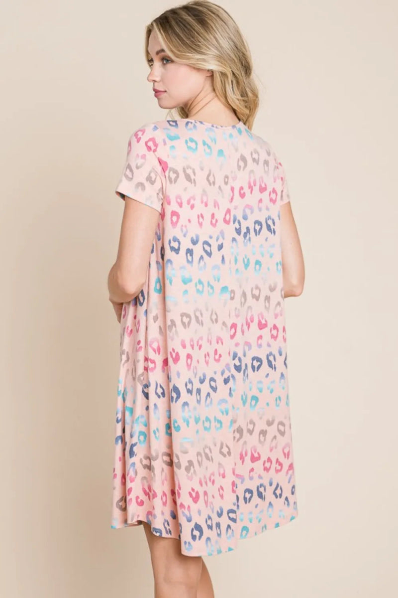 BOMBOM Women's Leopard Print Round Neck Short Sleeve Summer Dress - Perfect for Beach Vacation, Party & Casual Wear