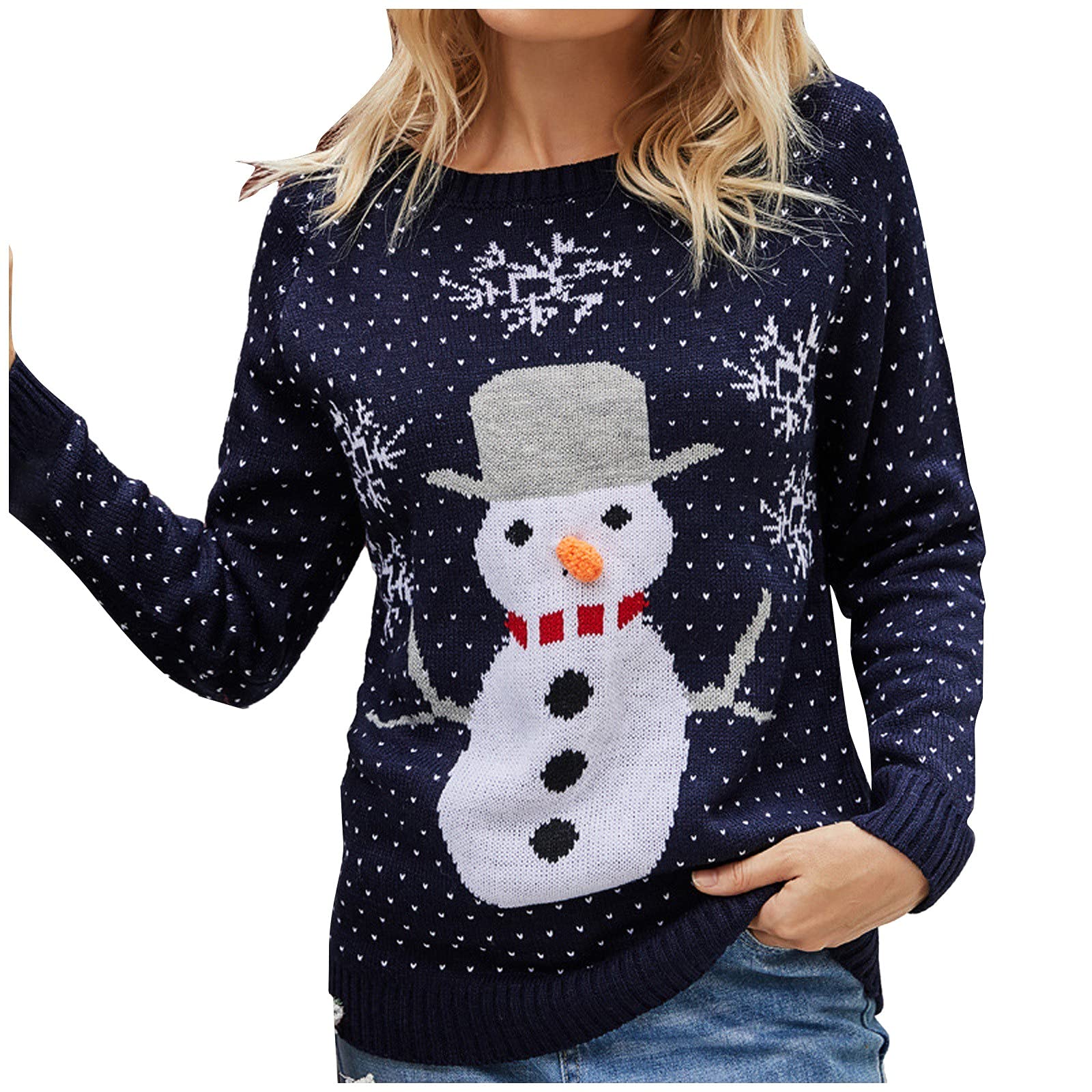 Christmas Women's Sweater - Snowman Pattern Color Block Knit Crewneck Pullover with Stripe Design | Cozy Holiday Jumper for Xmas Parties & Winter Outfits