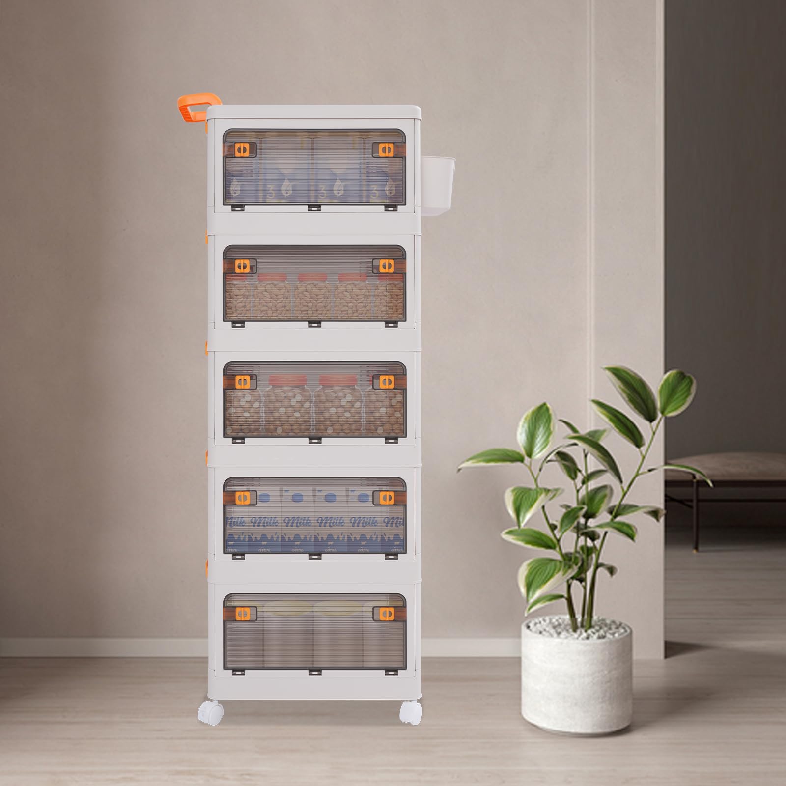 5-Tier Rolling Foldable Storage Organizer with Wheels & Side Basket - Collapsible Plastic Storage Cabinet for Bedroom, Living Room, Kitchen, Bathroom - Space-Saving Closet Organization Solution for Home & Office Use