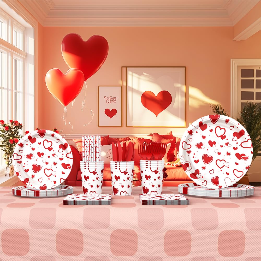 112-Piece Heart Plates & Napkins Party Set - Includes Plates, Cups, Napkins & Straws - Baby Shower, Birthday Party Decorations (Serves 16) - Perfect for Valentine's Day, Bridal Showers & Romantic Dinner Decor