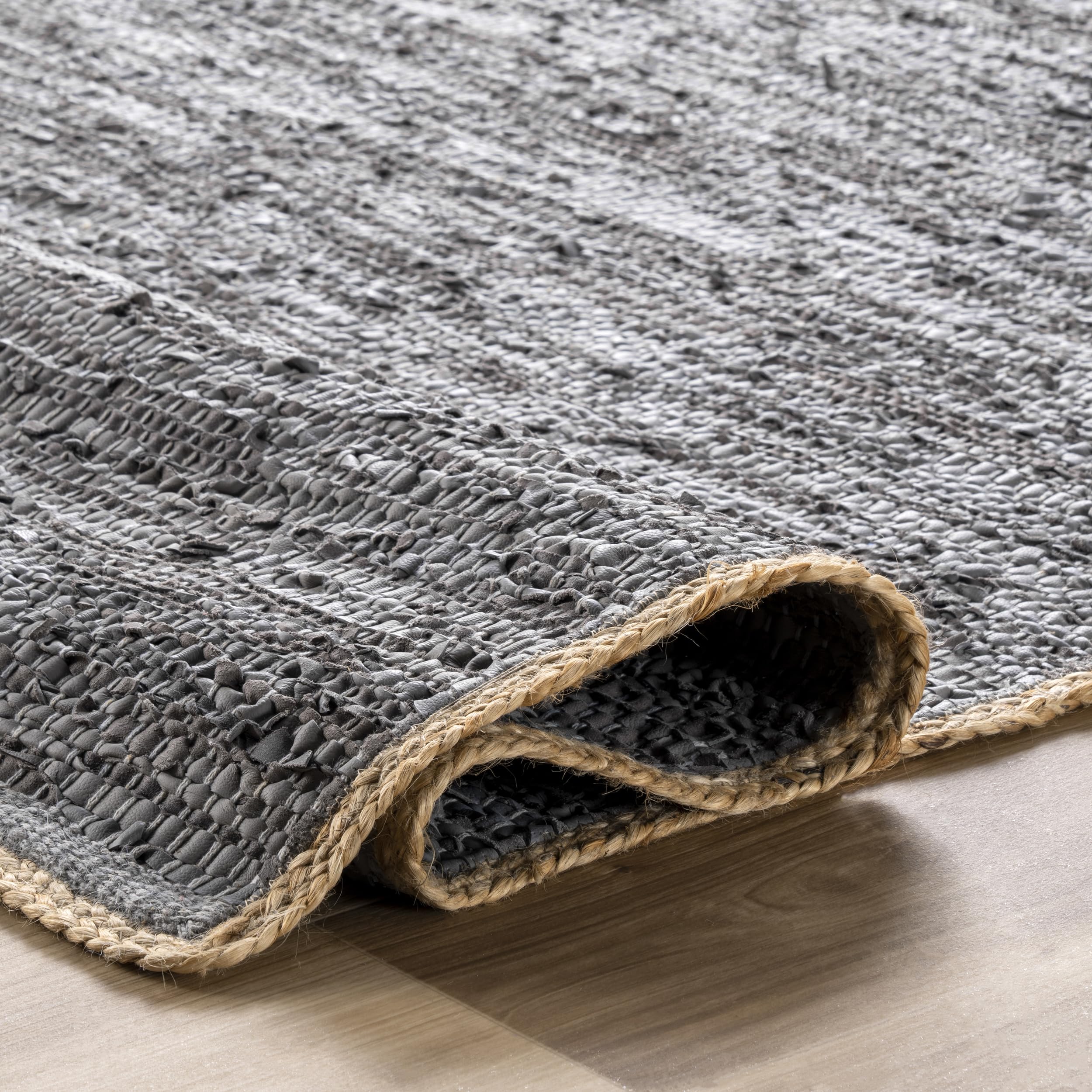 nuLOOM Sabby Hand Woven Leather Flatweave Area Rug 6x9 Feet - Soft Grey Bohemian Style Rug for Living Room, Bedroom & Home Decor