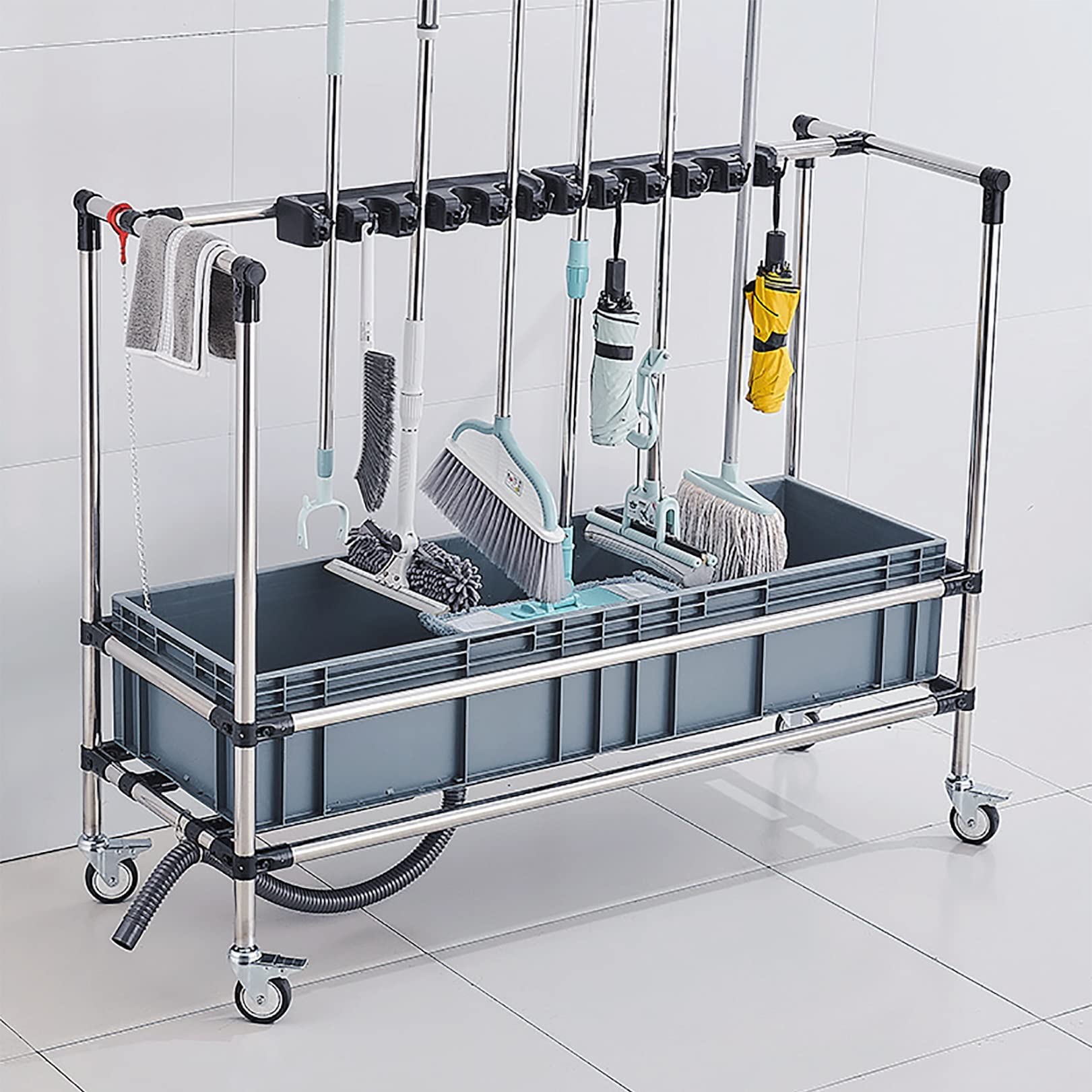 **Commercial Mop Rack Holder - Heavy Duty Cleaning Tool Tower for Wet Mops, Brooms & Umbrellas - Adjustable & Mobile Storage Organizer for Garage, School, Hospital, Factory, Hotel, Restaurant & Property Management**    *(Perfect for organizing cleaning tools in high-traffic areas like commercial kitchens, janitor closets, and industrial workspaces.)*