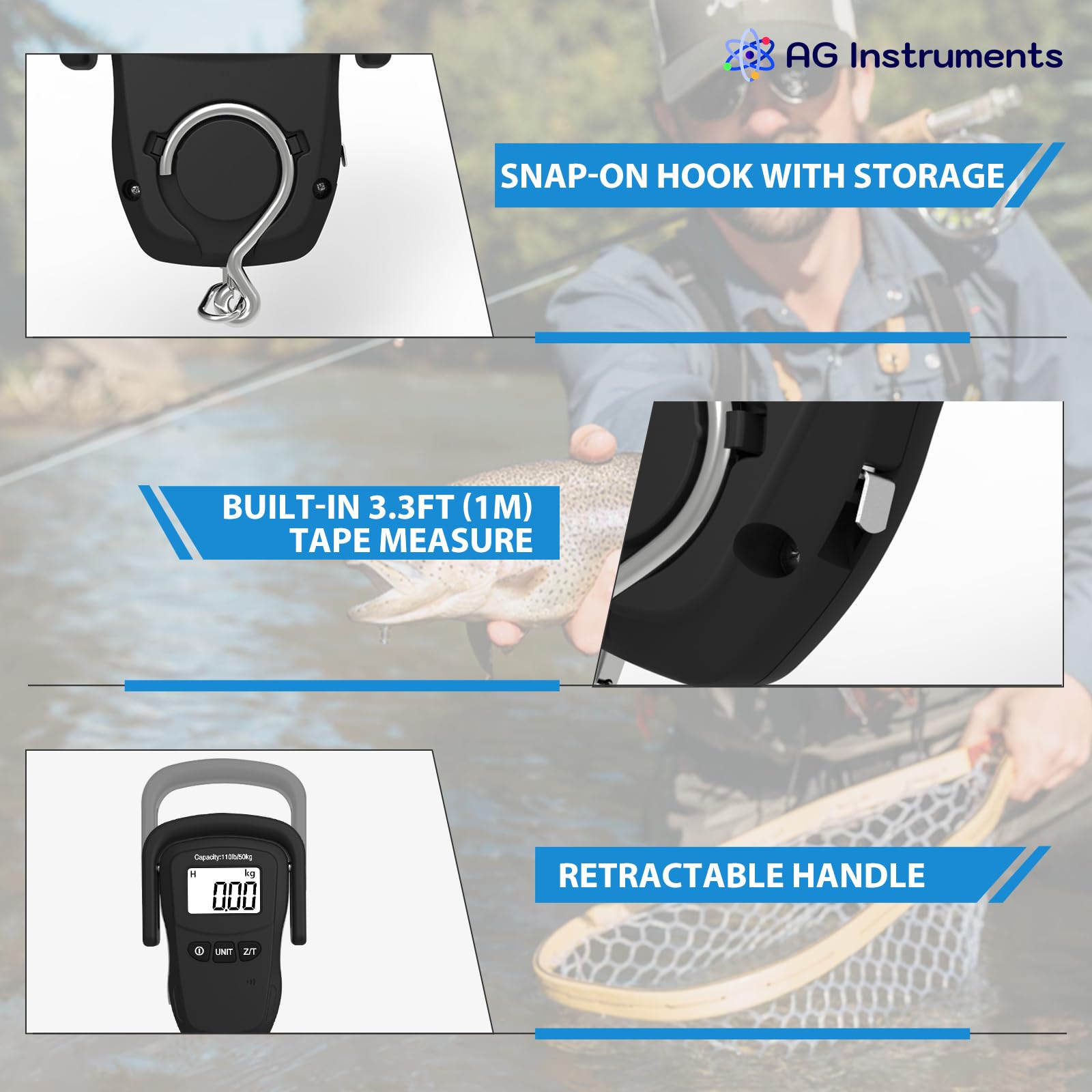 Digital Fish Scale with Large Handle - 110lb Capacity & 1.6oz Accuracy - Hanging Scale with Measuring Tape - Perfect for Fishing, Luggage Weighing & Hay Measurement