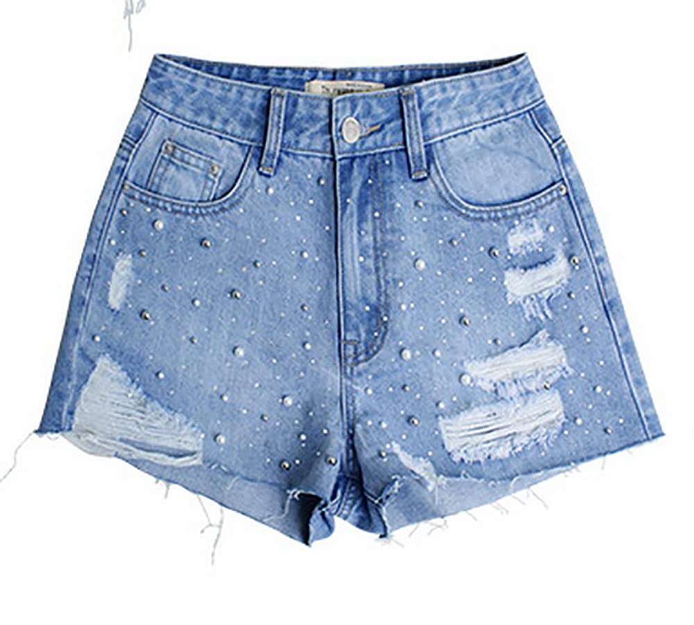 Women's Ripped Denim Shorts with Studded Details & Tassel Hem - Mid Waist Sexy Jean Shorts for Summer Outfits, Beach Vacations & Casual Streetwear