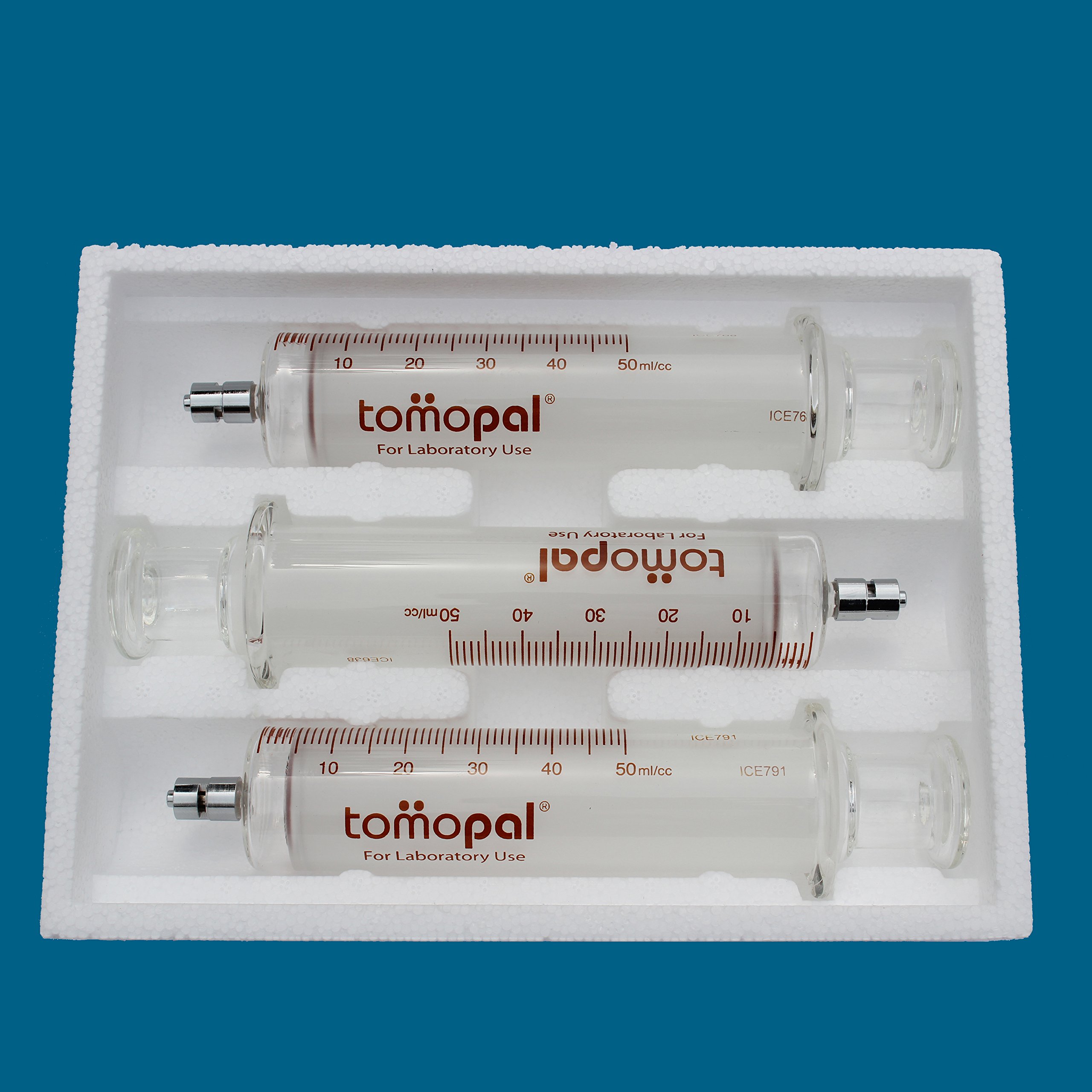 Tomopal 50ml Glass Syringe with 1.0ml Graduation - Pack of 3 - Laboratory Grade Precision Syringes for Scientific Research, Medical Use & Essential Oil Measurement (P/N: 130-4550-X003)