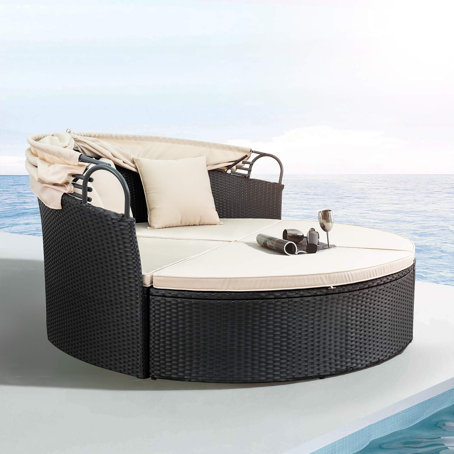 Devoko Outdoor Round Daybed with Retractable Canopy - Wicker Rattan Sectional Sofa for Patio, Garden, Backyard - Perfect for Lounging, Sunbathing & Outdoor Relaxation