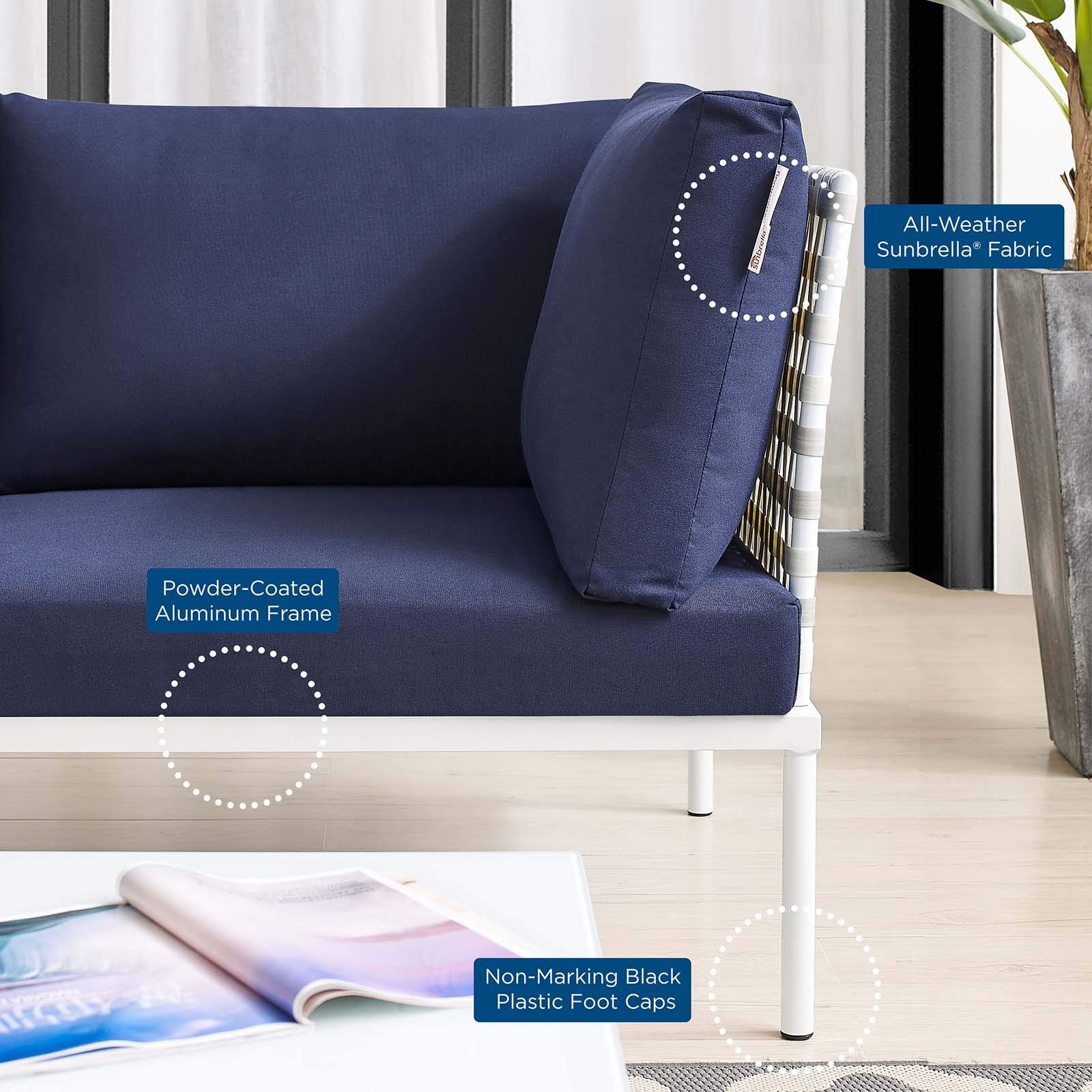 Modway EEI-4961-TAU-NAV Harmony Outdoor Patio Loveseat - Aluminum Frame, Water-Resistant Taupe Navy Cushions - Perfect for Garden, Backyard, Poolside & Patio Relaxation