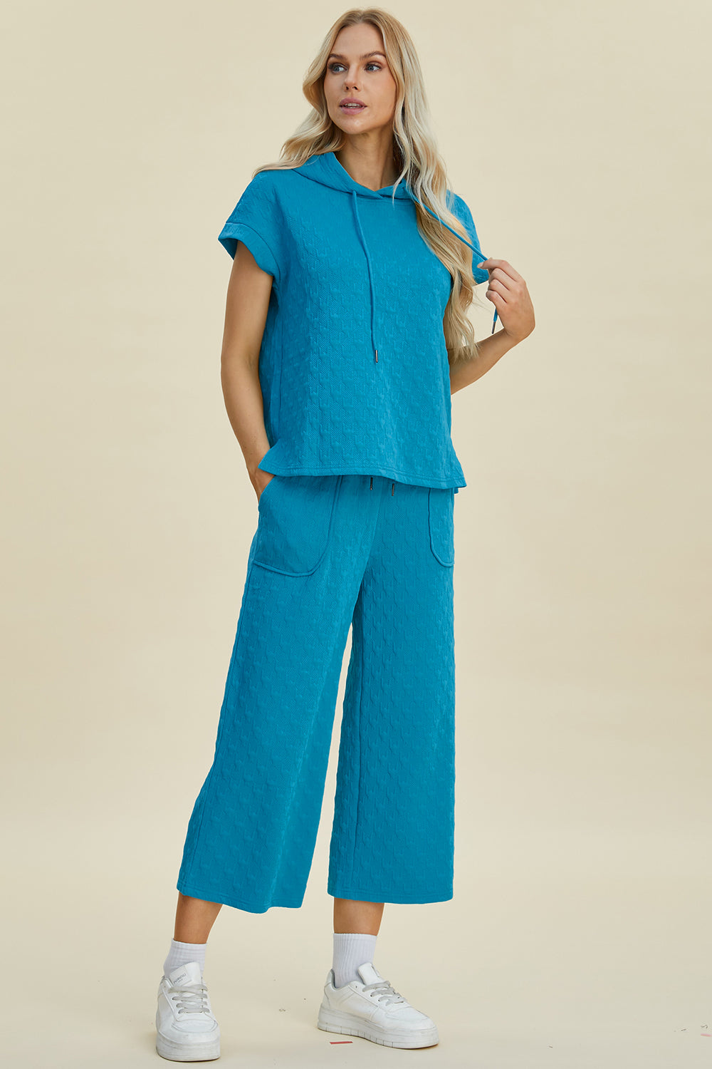 Double Take Full Size Textured Drawstring Short Sleeve Hoodie & Pocketed Pants Set - Casual Loungewear for Men and Women | Perfect for Home, Gym, and Outdoor Activities