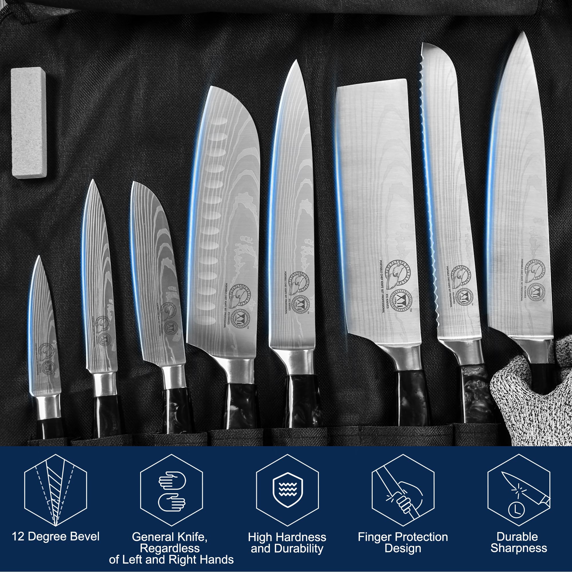 XYJ Authentic Japanese Chef Knives Set Since 1986 - 8-Piece Stainless Steel Kitchen Knives with Roll Bag & Sheaths - Professional Santoku, Paring, Slicing Knives for Cooking - Ergonomic Handle for Comfort - Perfect for Home Chefs & Culinary Enthusiasts