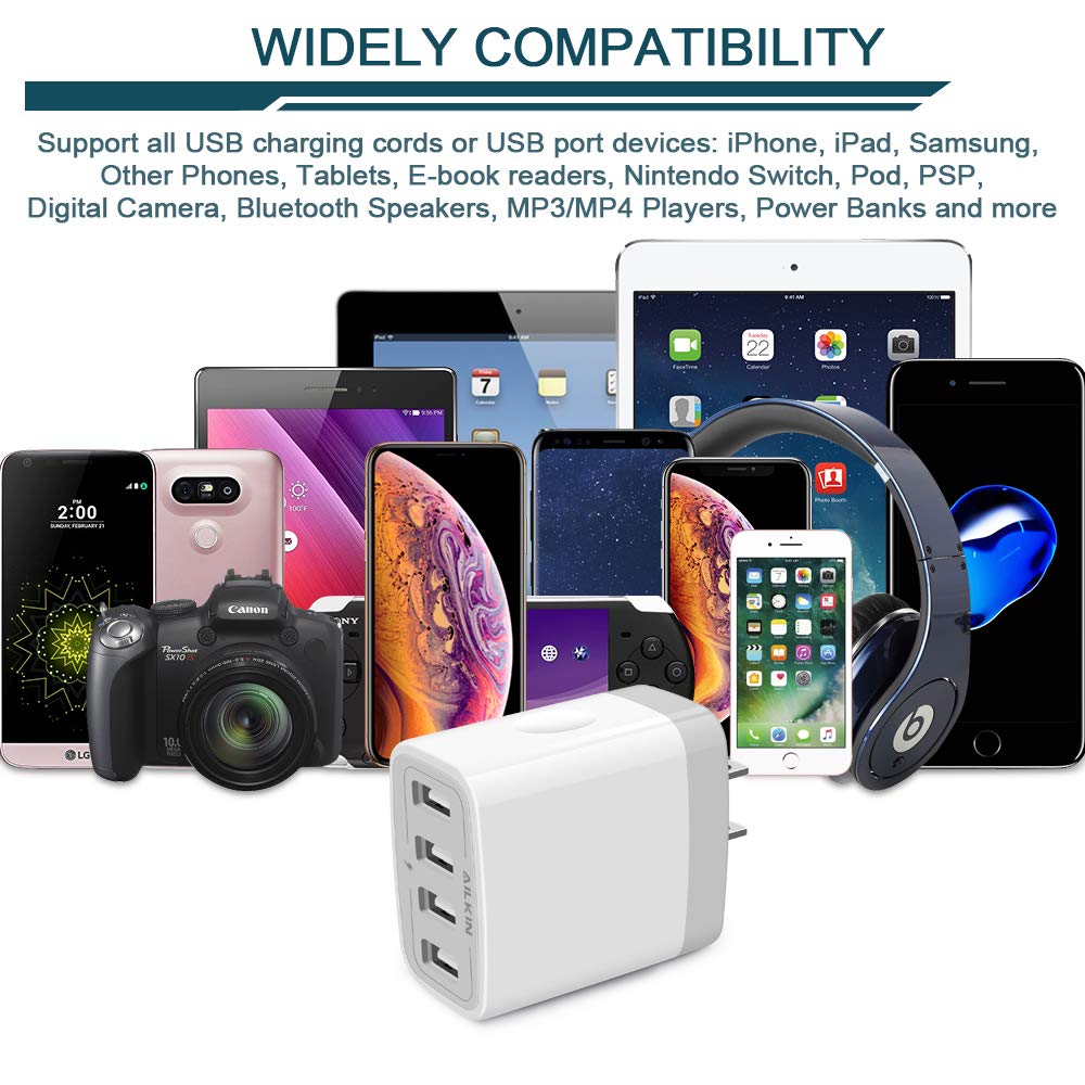 AILKIN 4.8A Fast USB Wall Charger Adapter 2-Pack - 4-Port Multi USB Charging Block for iPhone 15/14/13/12/11/XR/XS/X/8/7, Samsung Galaxy, Moto, LG, Pixel - Compact Power Cube for Home, Office & Travel Charging