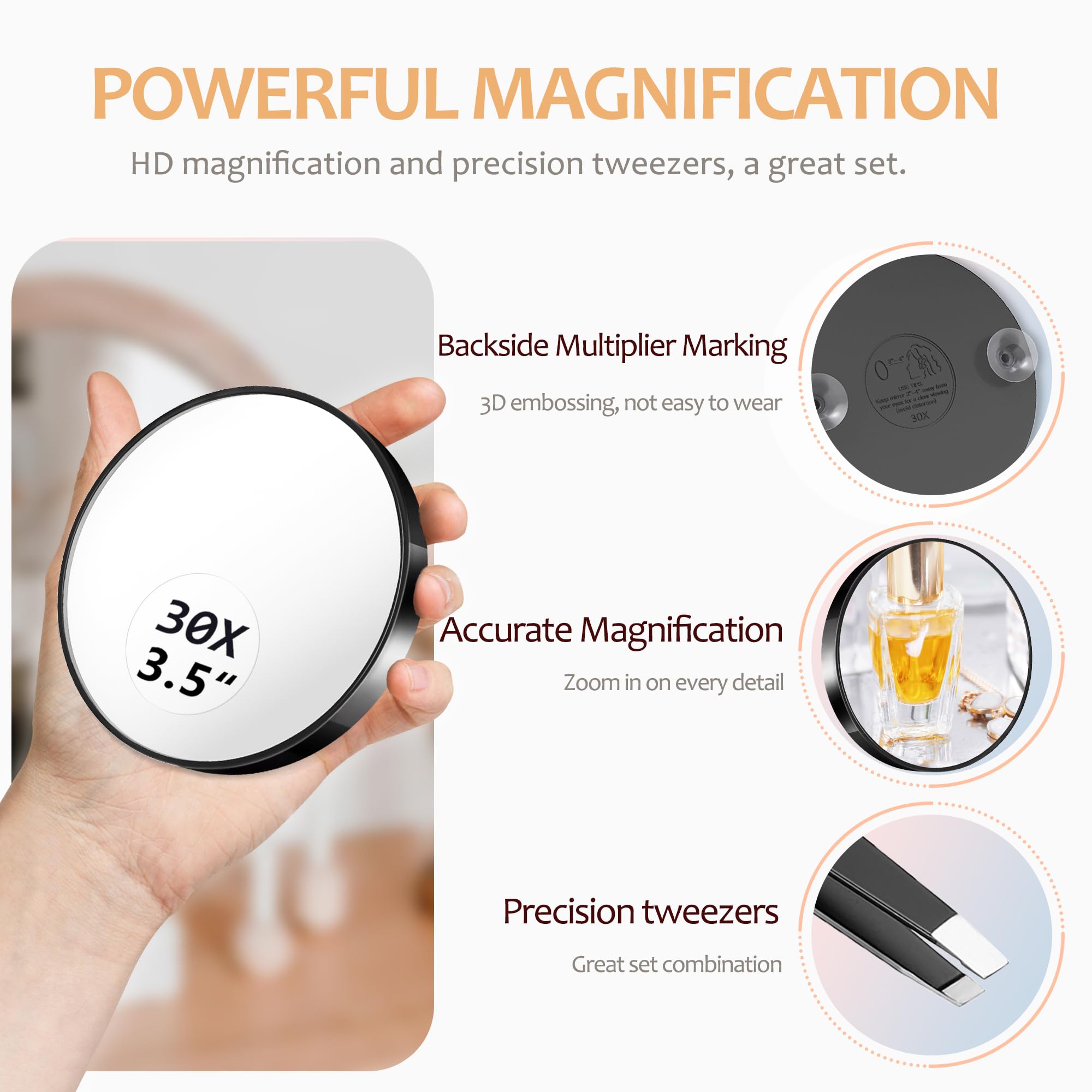 30X Magnifying Mirror with Suction Cups & Tweezer - 3.5
