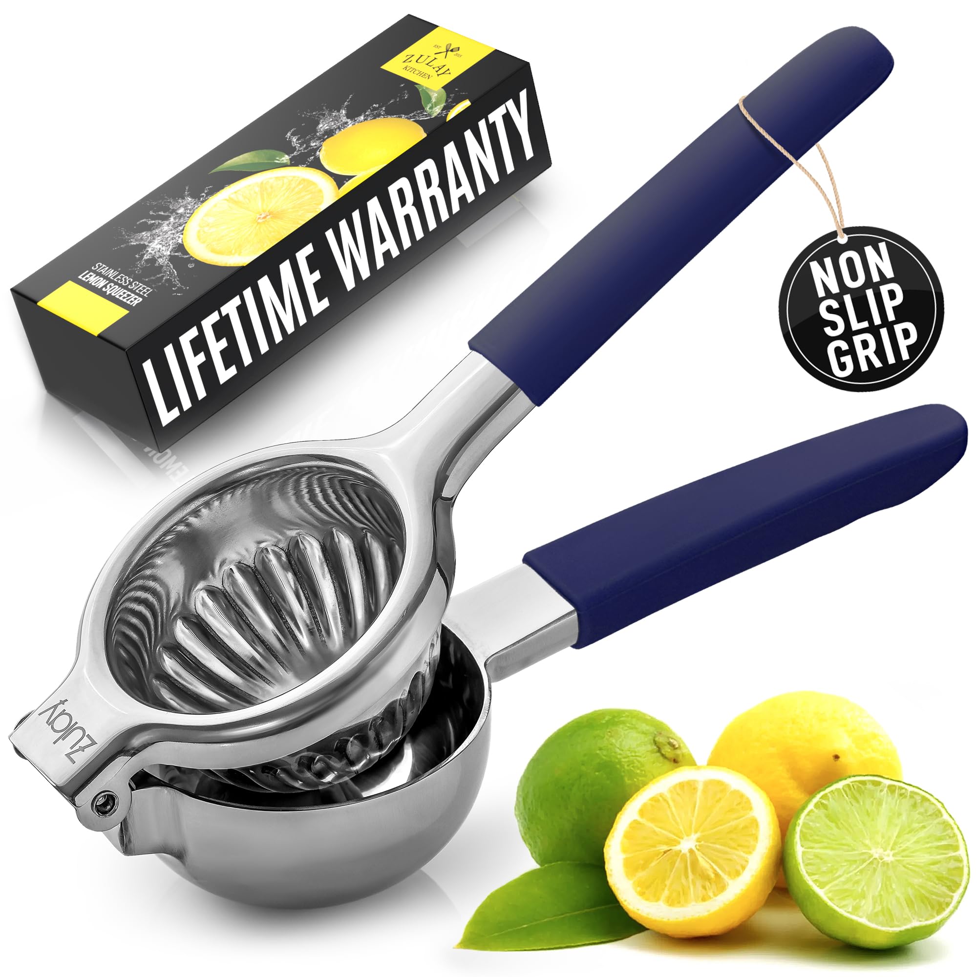 Premium Stainless Steel Lemon Squeezer - Heavy Duty Manual Citrus Juicer with Solid Metal Bowl & Food Grade Silicone Handles - Lime, Orange & Lemon Press for Cocktails, Cooking & Healthy Juicing (Navy Blue)