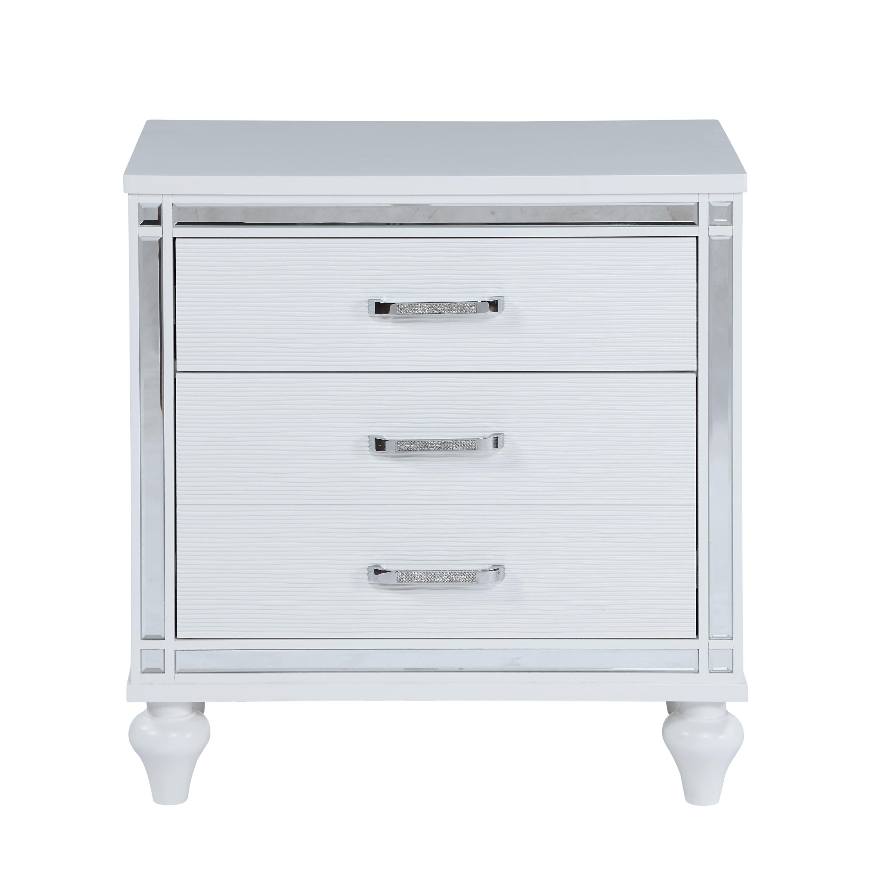 Modern White Nightstand with Mirror Frame & Crystal Pulls - 2 Drawers + Hidden Storage, Bedside Table for Bedroom, Living Room - Perfect for Small Spaces & Apartment Decor