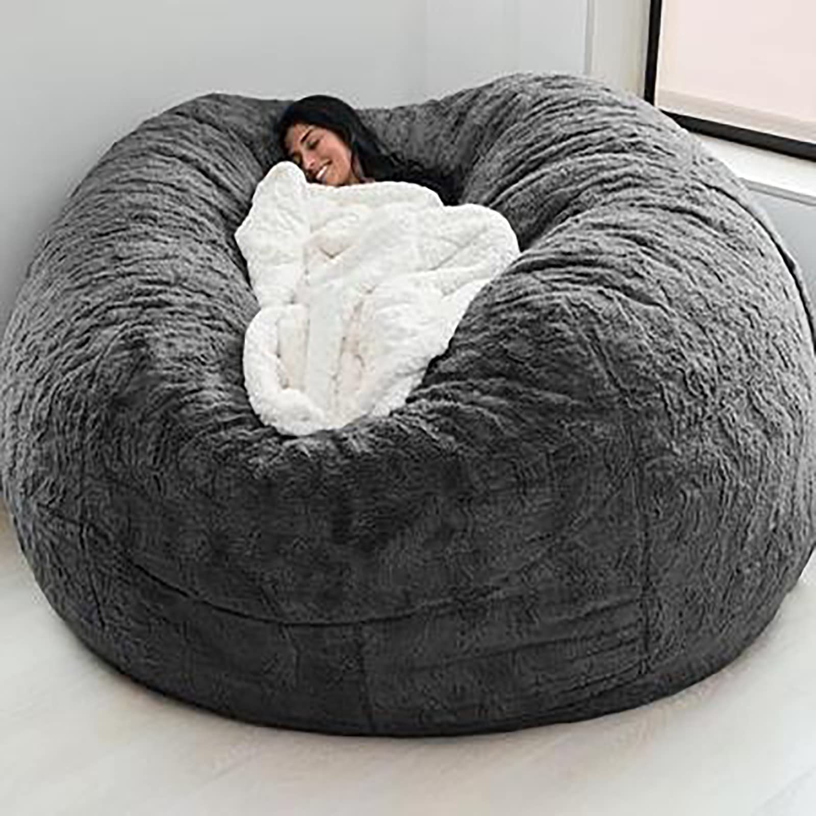 **Terlna Faux Fur Bean Bag Chair Cover Only - Fluffy Oversized Adult Bean Bag (135cm x 65cm) - Dark Gray - Soft Lounge Chair for Living Room, Bedroom & Game Room Decor**