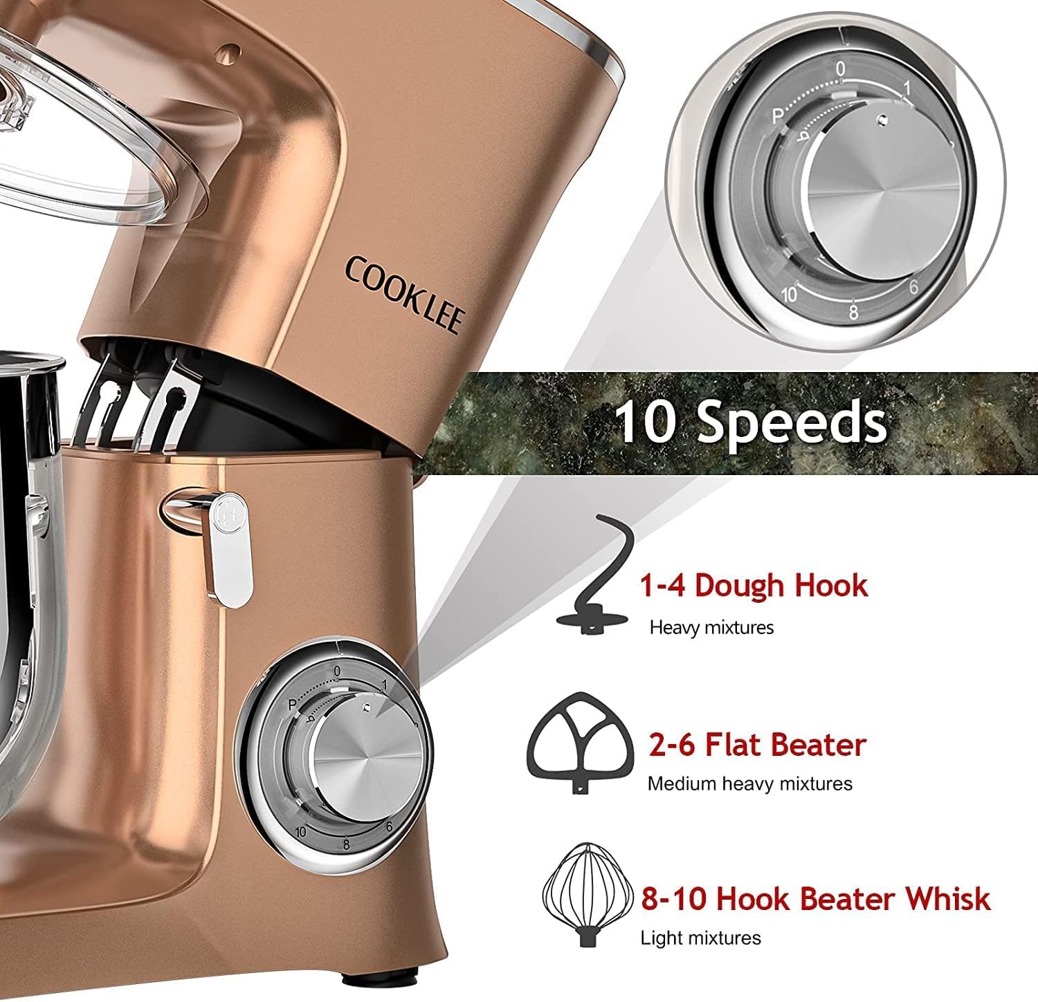 COOKLEE 9.5 Qt Stand Mixer - 660W Powerful 10-Speed Electric Kitchen Mixer with Dishwasher-Safe Attachments (Dough Hook, Flat Beater, Wire Whip & Pouring Shield) - Perfect for Baking, Whipping & Mixing - Ideal for Home Bakers & Cooking Enthusiasts - Champagne Color