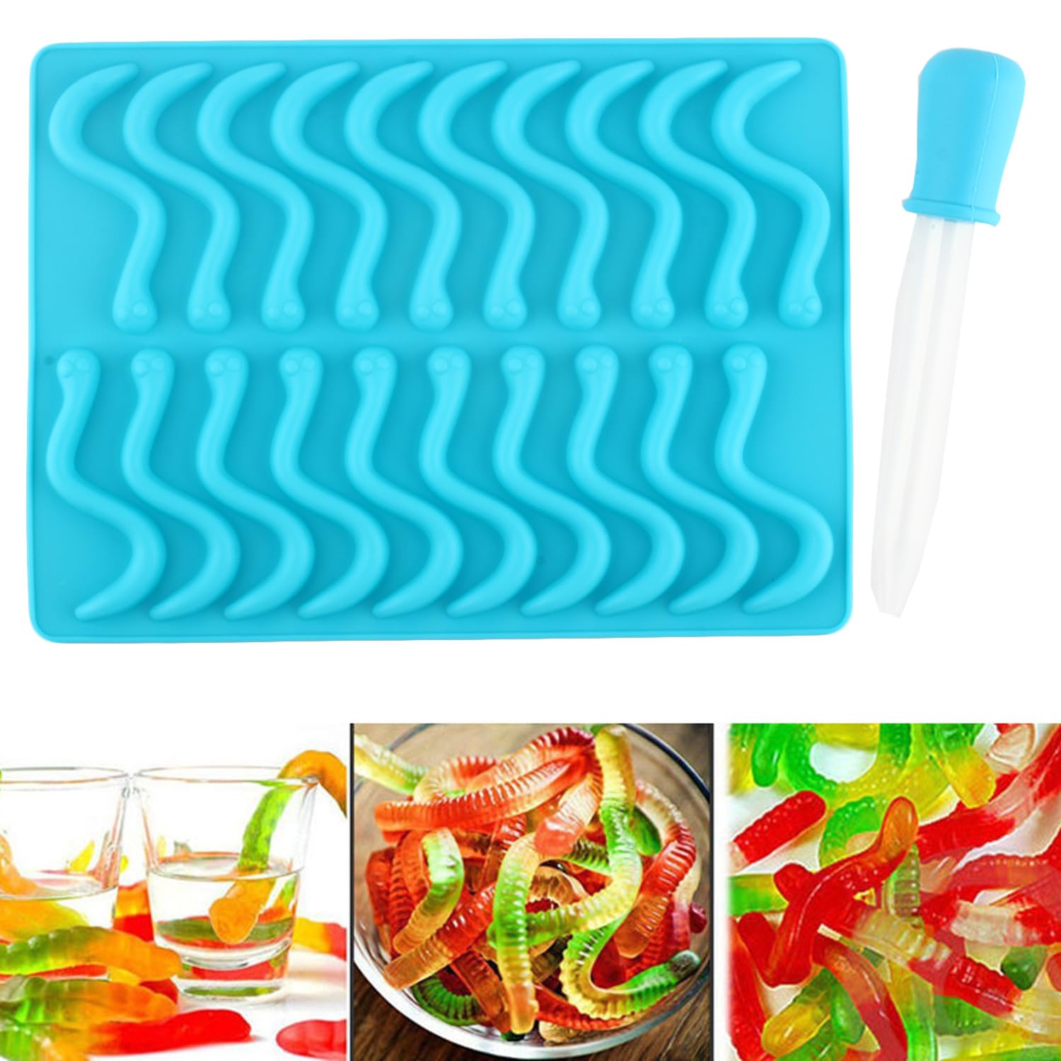 20 Cavity Silicone Gummy Worm Molds with Dropper - Reusable Candy Making Kit for Chocolate, Jelly, Gummy Bears - Perfect for DIY Desserts, Birthday Parties & Baking Supplies