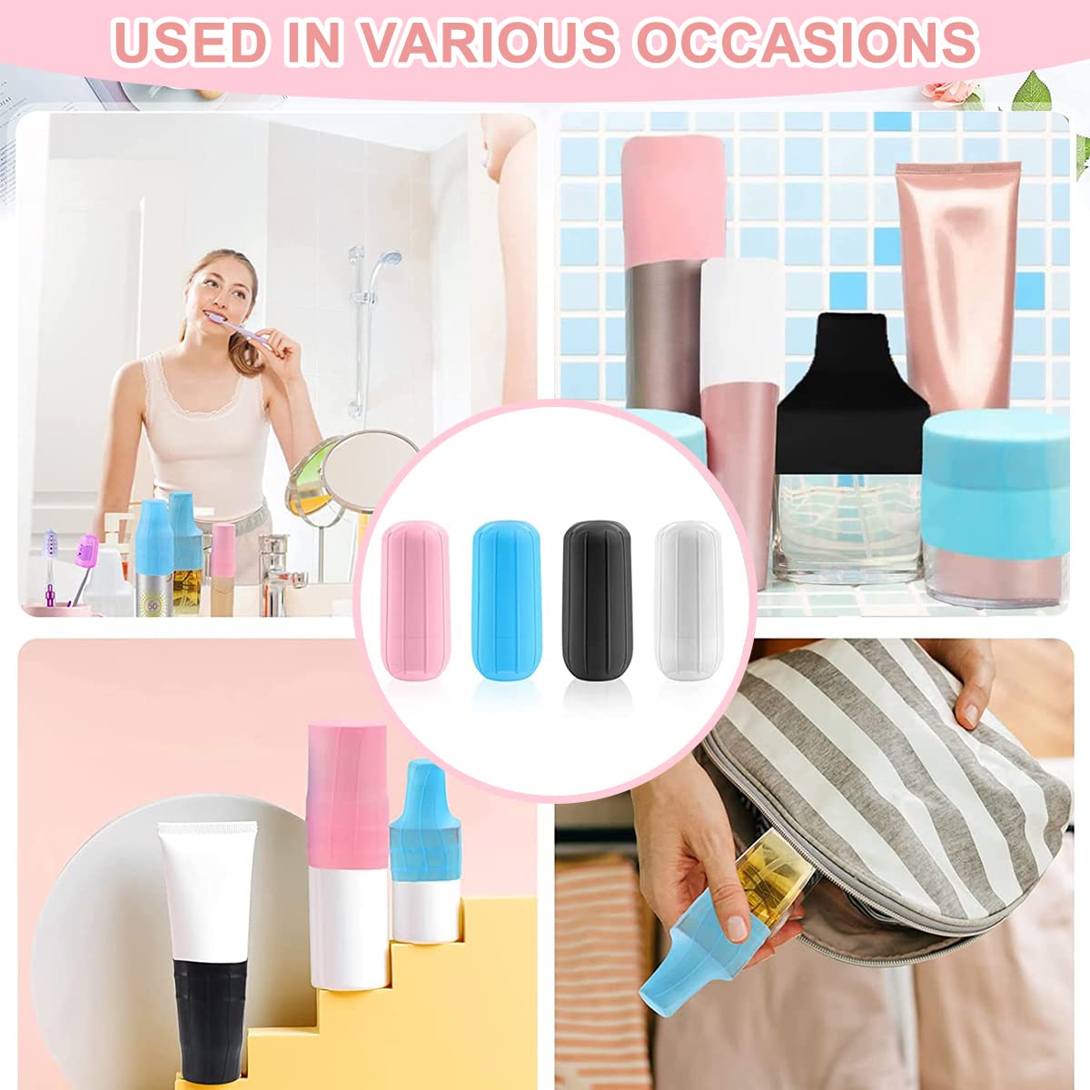 MAYCREATE® 4-Pack Silicone Bottle Covers - Leakproof Travel Bottle Sleeves for Toiletries & Cosmetics | Reusable Elastic Spray Bottle Protectors | Perfect for Air Travel, Gym & Home Organization
