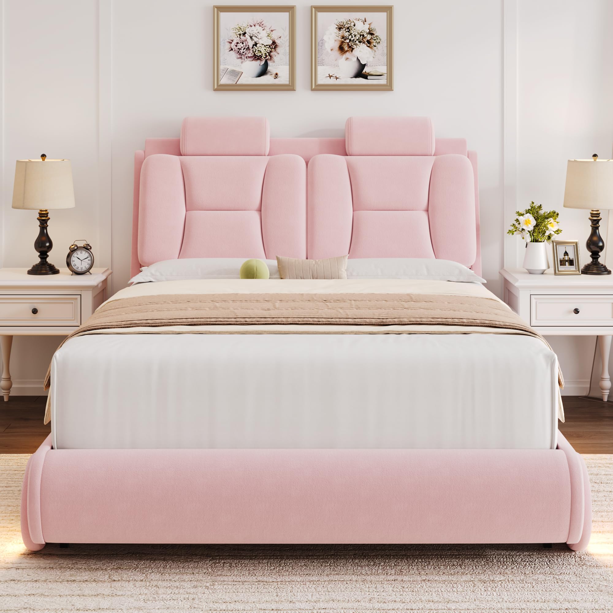 Modern Full Upholstered LED Car-Shaped Platform Bed Frame with Adjustable Curved Headboard & Wheels - Velvet Pink - Solid Wood Slat Support (No Box Spring Needed) - Perfect for Kids' Rooms, Teen Bedrooms & Themed Decor