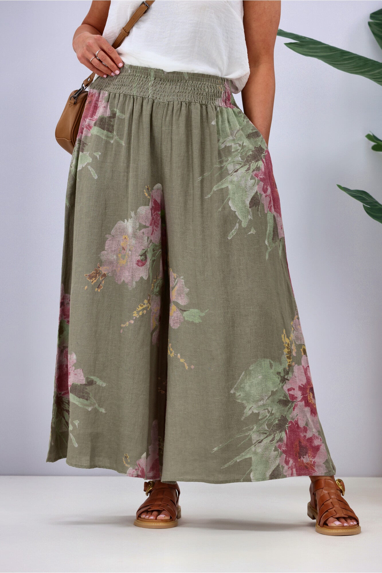 Cali & Co Women's Wide Leg Linen Pants with Floral Print - Khaki Color for Summer Beach Vacation and Boho Chic Outfits