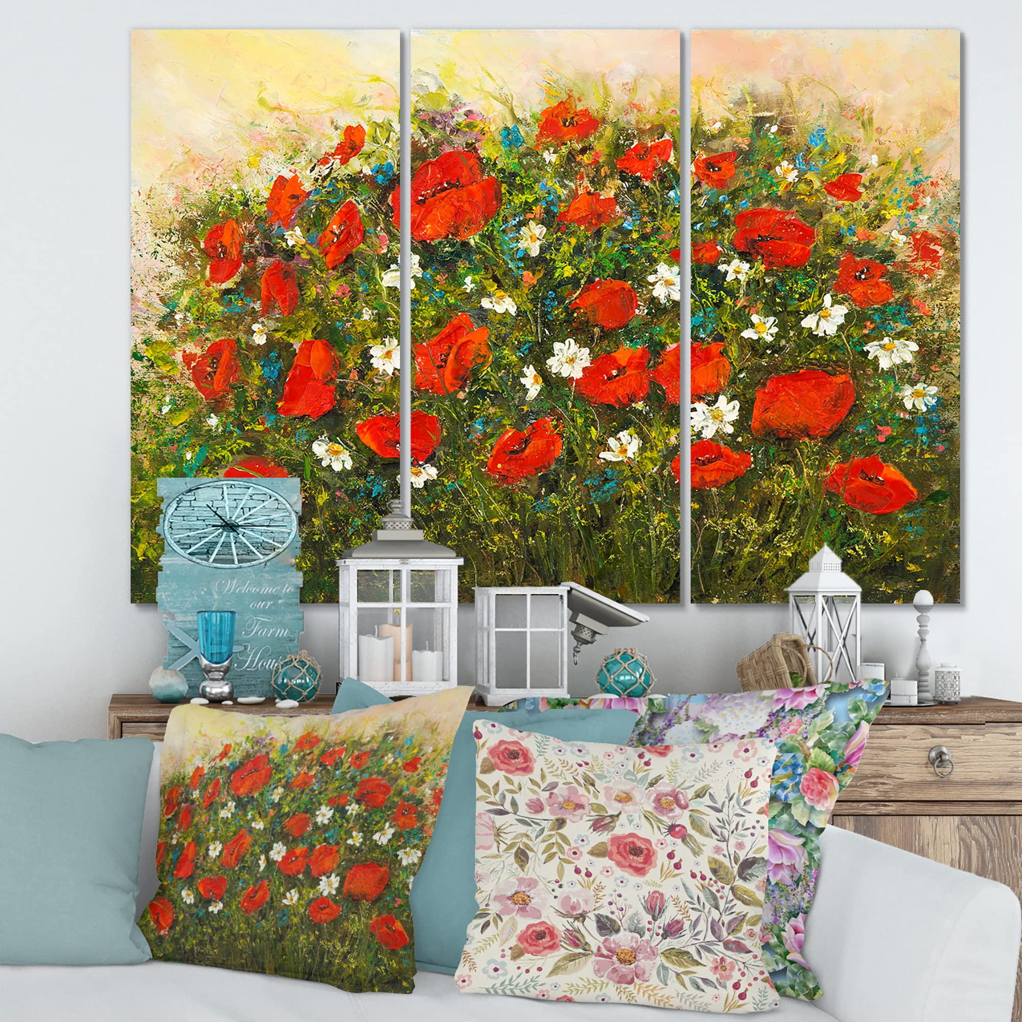Red Wildflowers In The Fields Traditional Canvas Wall Art - Hand Painted Landscape Painting - Farmhouse Decor for Living Room, Bedroom & Office