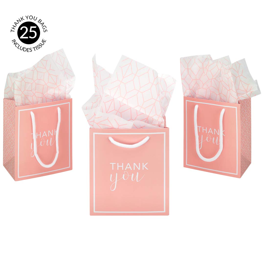 Andaz Press Thank You Party Gift Bags with Handles - 5x6 Inches, 25 Pack Blush Pink Geometric Favor Bags for Weddings, Baby Showers & Birthday Parties - Includes Tissue Paper for Elegant Gift Wrapping