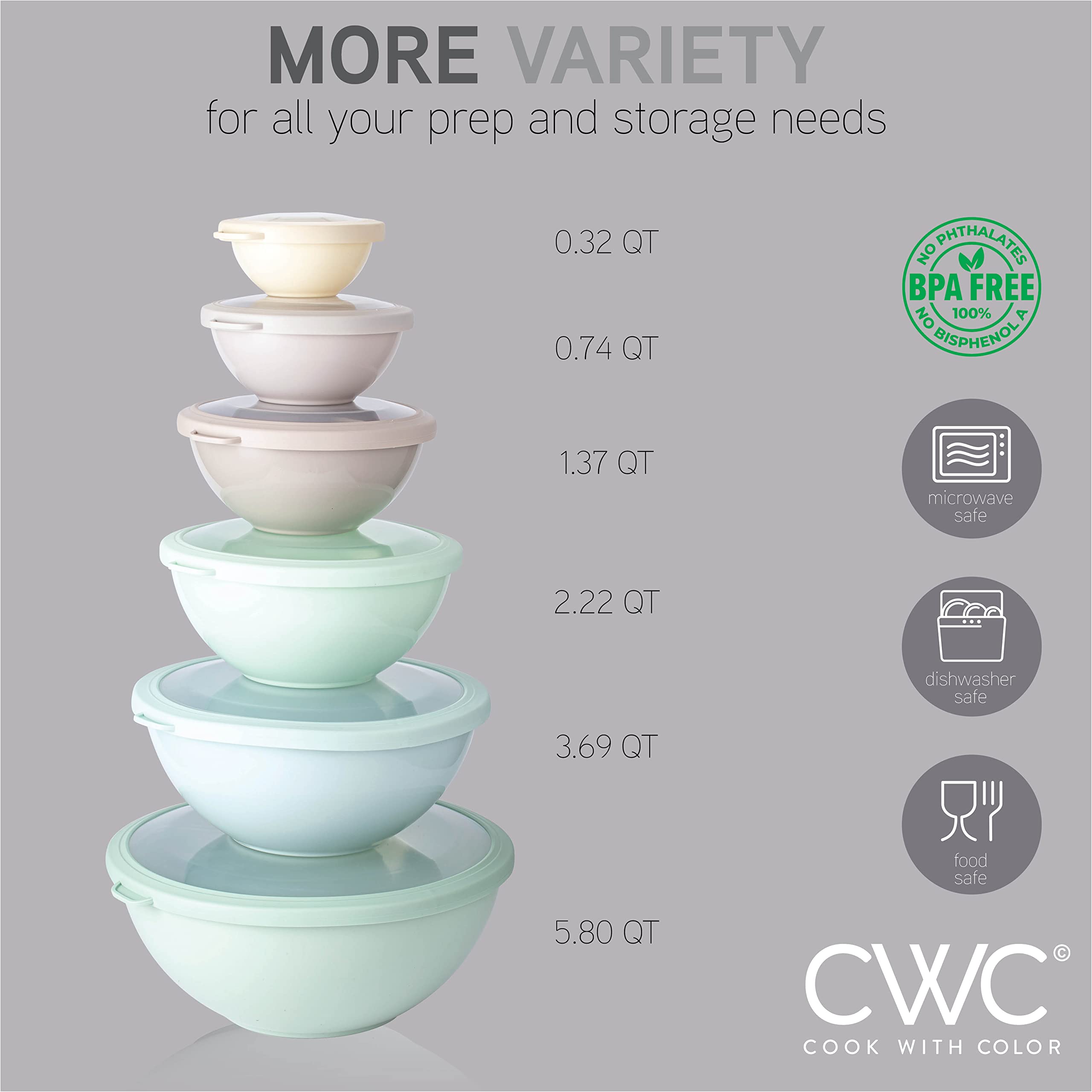 COOK WITH COLOR Nesting Mixing Bowls - 12 Piece Plastic Bowl Set with Lids, Microwave & Dishwasher Safe, Stackable Food Storage Containers for Baking, Meal Prep & Kitchen Organization (Mint Ombre Gradient)