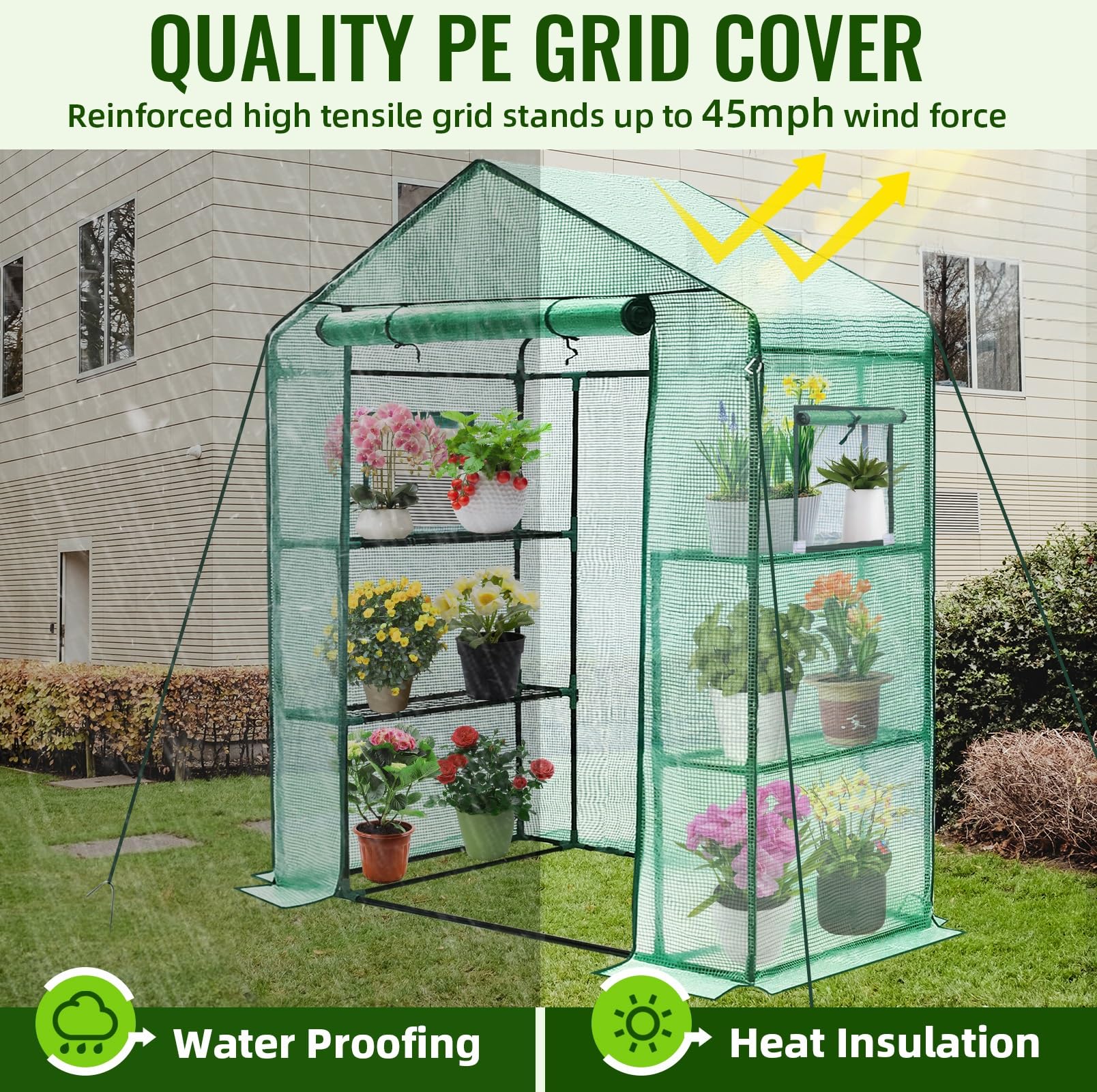 Greengro 28 x 57 x 76 Inch Outdoor Greenhouse with Screen Windows - 3 Tier 4 Shelf Small Plant House - Durable PE Cover & Plastic Walls for Indoor/Outdoor Gardening - Perfect for Herbs, Flowers & Seed Starting