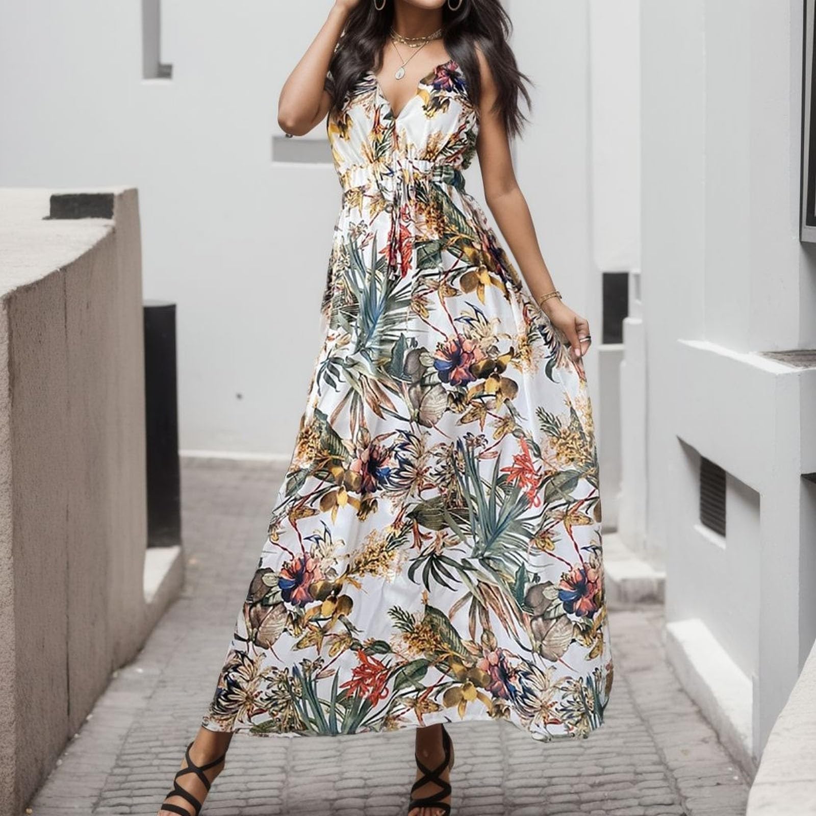 2024 Trendy Women's Tropical Wrap Dress - Floral Boho V-Neck Flowy Ruched Hawaiian Maxi Dress for Spring Summer | Beach Vacation, Pool Party & Casual Outings