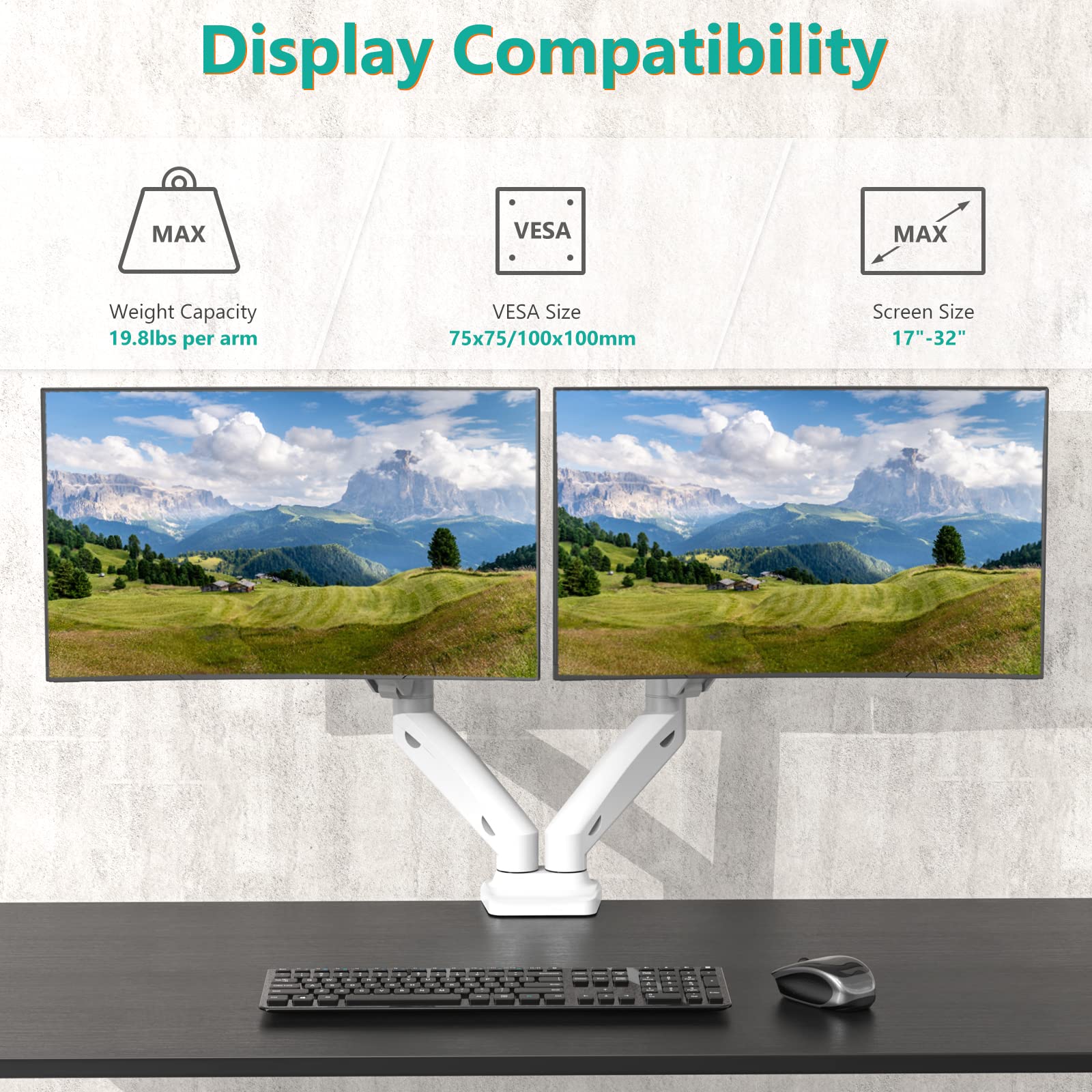 WALI Dual Monitor Stand - Adjustable Gas Spring Arm Mount for 2 Screens up to 32 Inches, 19.8lbs Capacity (GSMP002W) - White - Perfect for Home Office, Gaming Setup & Workspace Ergonomics