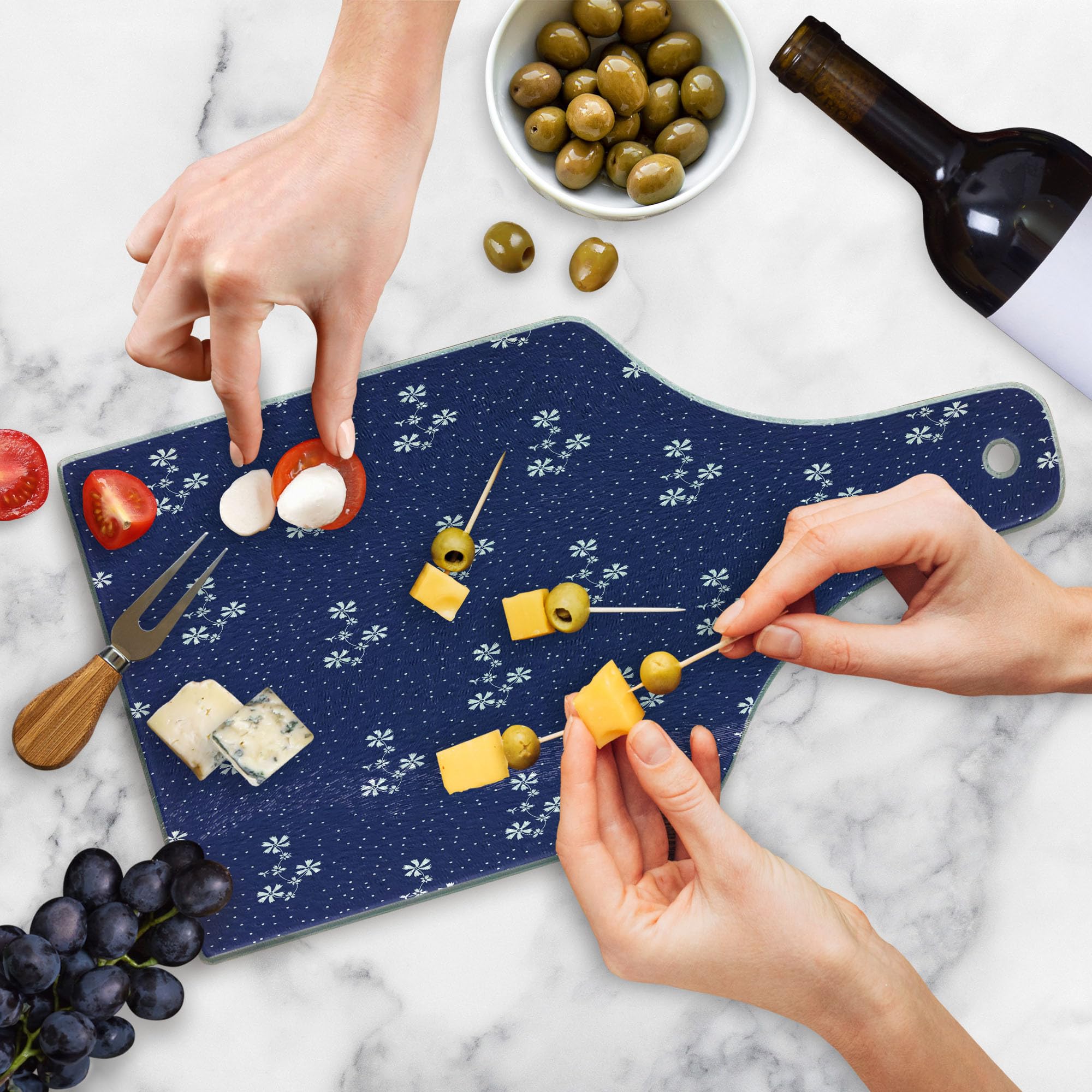 Ambesonne Navy Blue Floral Pattern Tempered Glass Cutting Board - Decorative Serving Board with Dots and Flowers, Wine Bottle Shape, Navy and White - Perfect for Kitchen, Charcuterie, Cheese Platters, and Party Serving